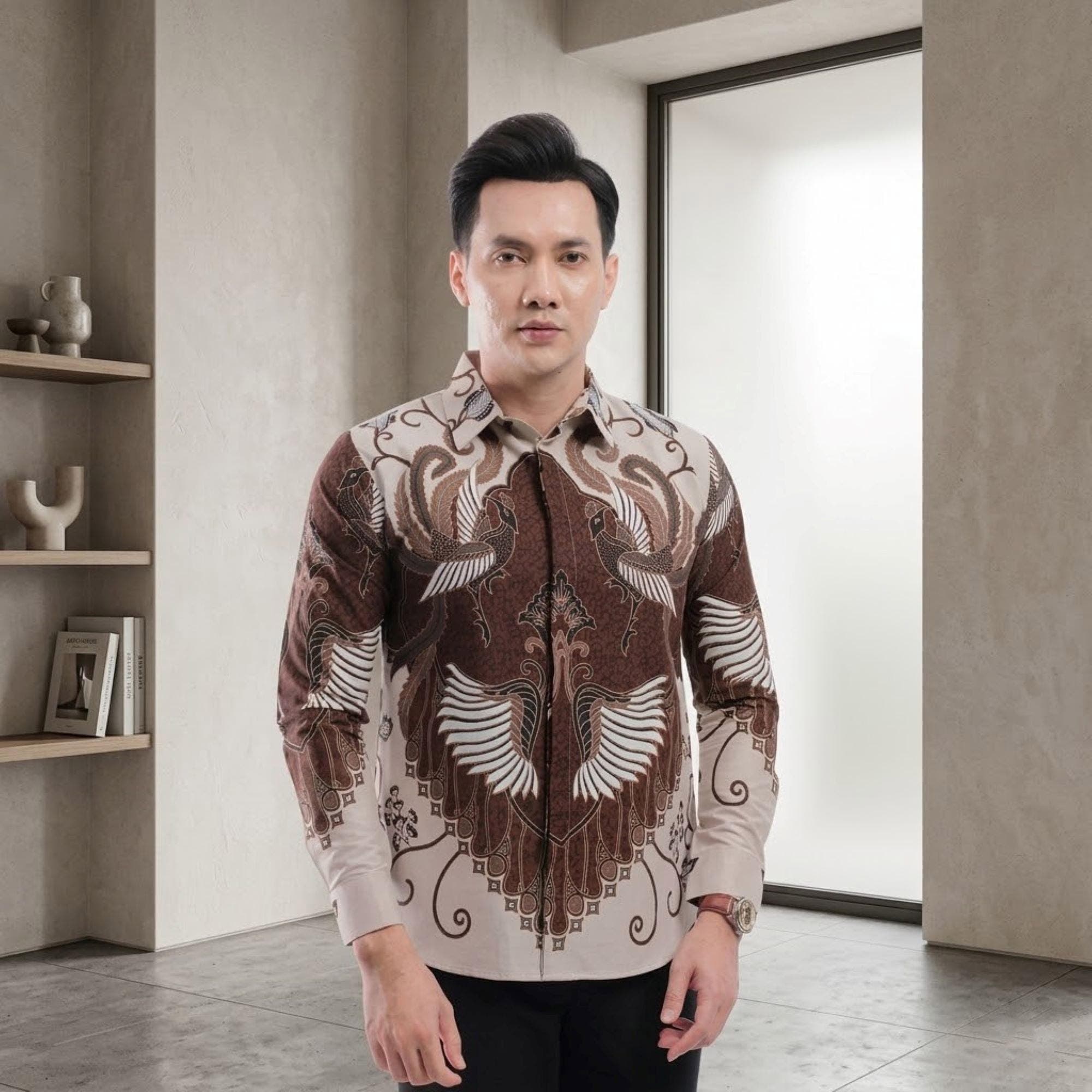 Men's Long Sleeve Batik Shirt – Bhaskara Motif, Cotton Formal Wear