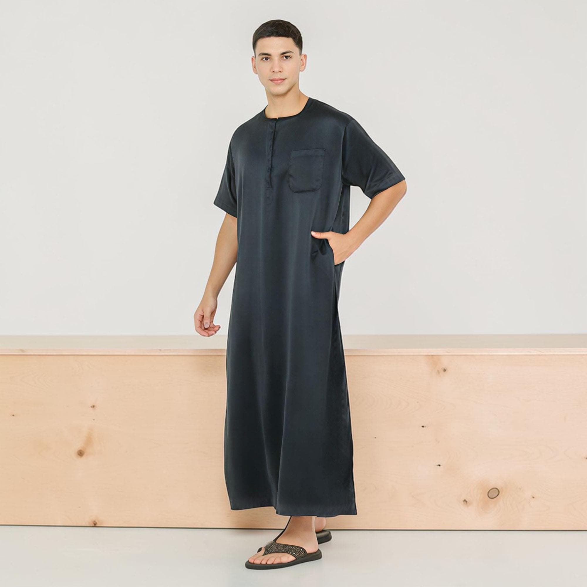 Men's Short Sleeve Thobe | Verona Cotton Jubba, Zippered Arabic Gown - image 5