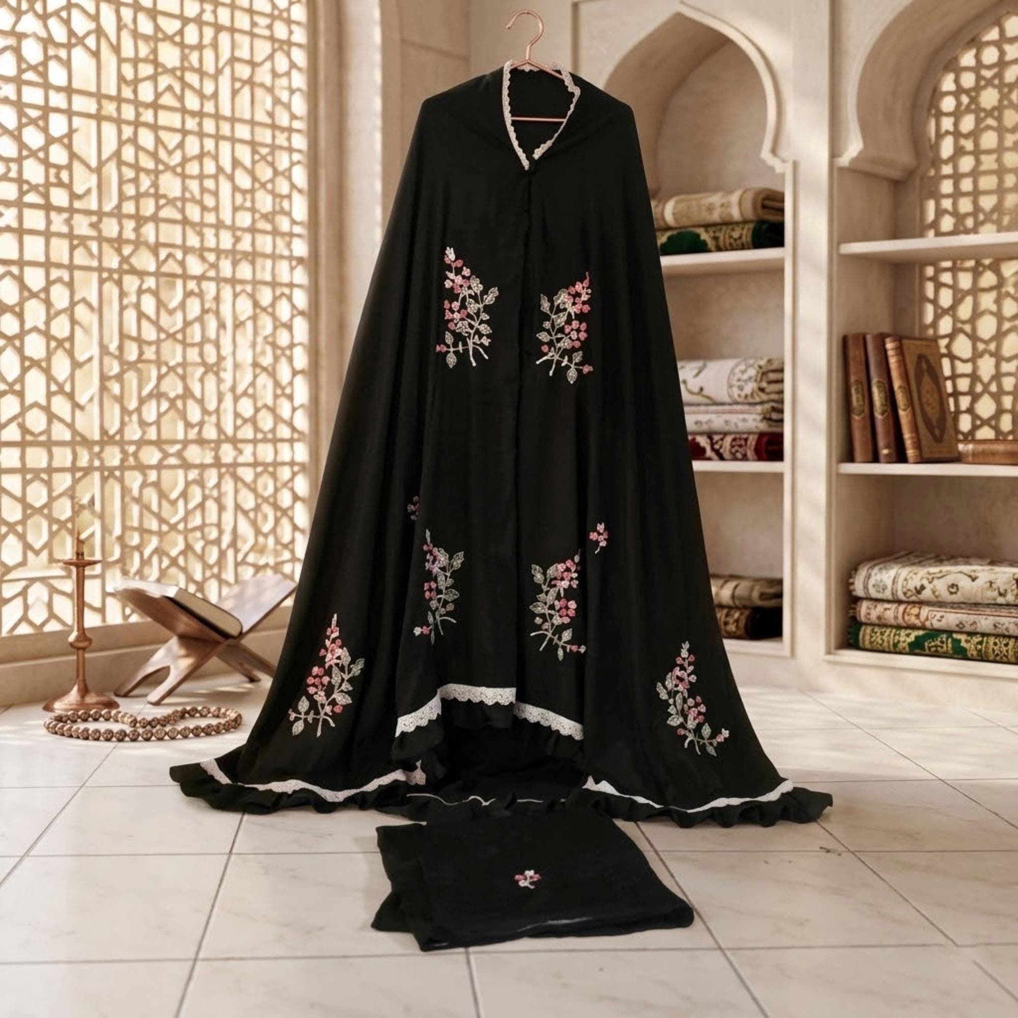 Hand Embroidered Jasmine Mukena – Rayon Cotton Prayer Robe for Women