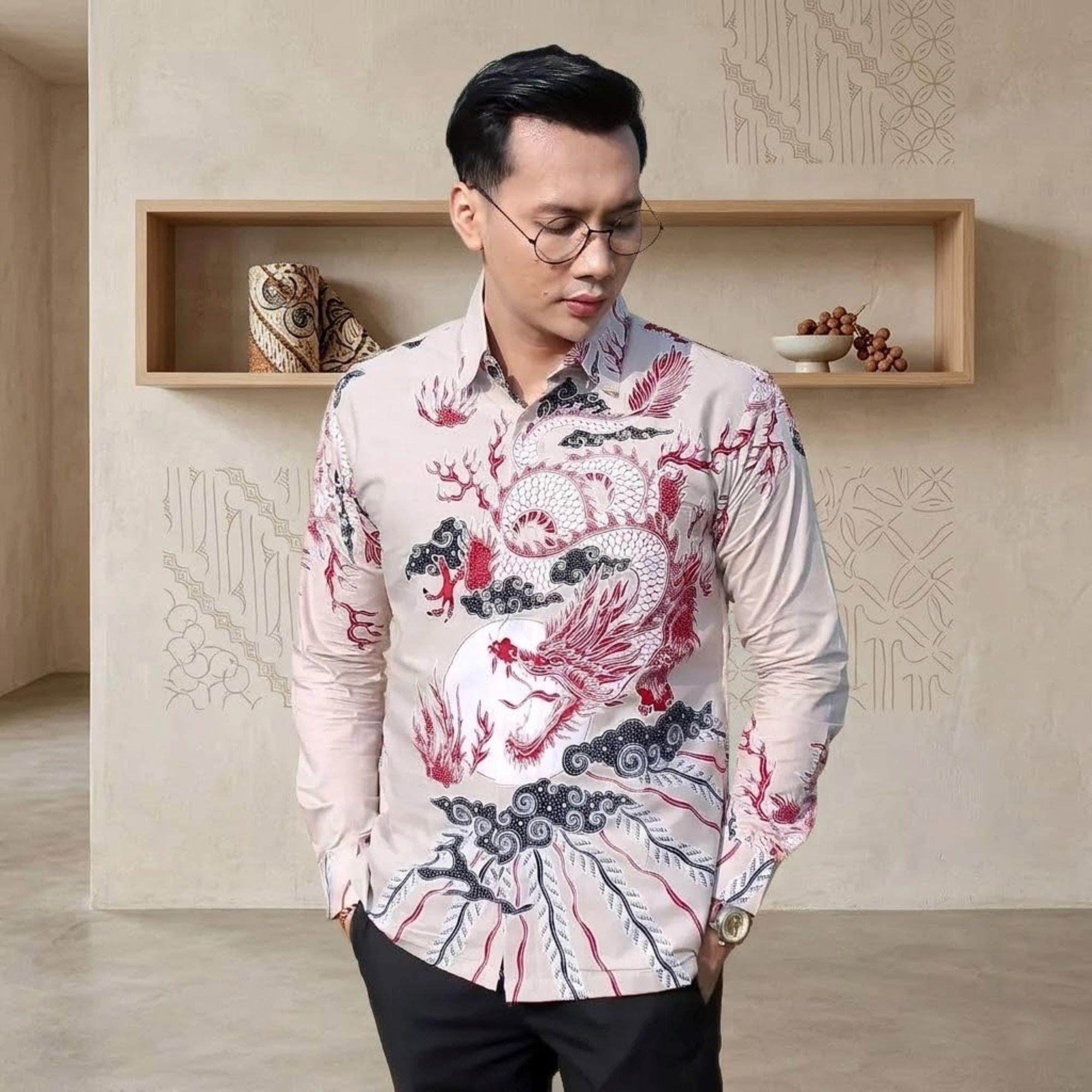 Men's Red Dragon Batik Shirt – Nogo Abang Javanese Cotton Long Sleeve