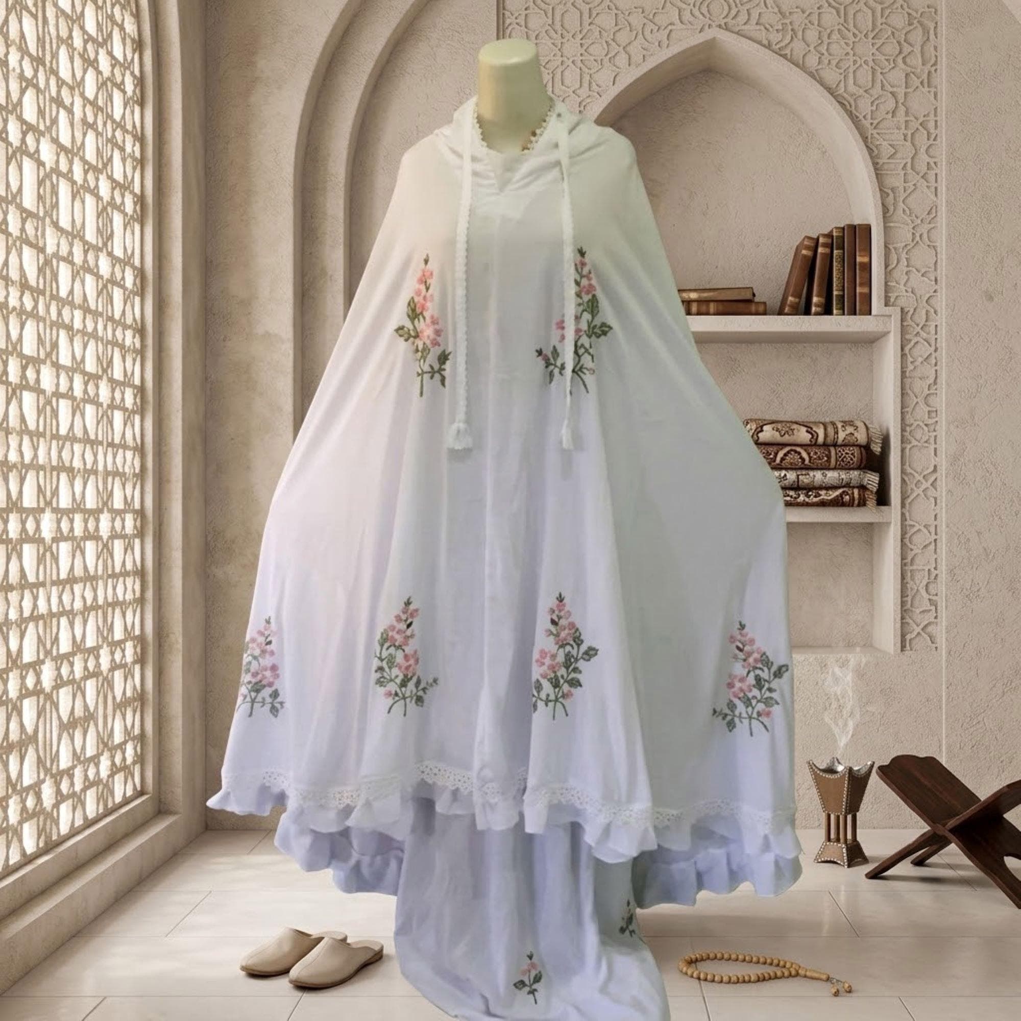 Hand Embroidered Jasmine Mukena – Rayon Cotton Prayer Robe for Women - image 3
