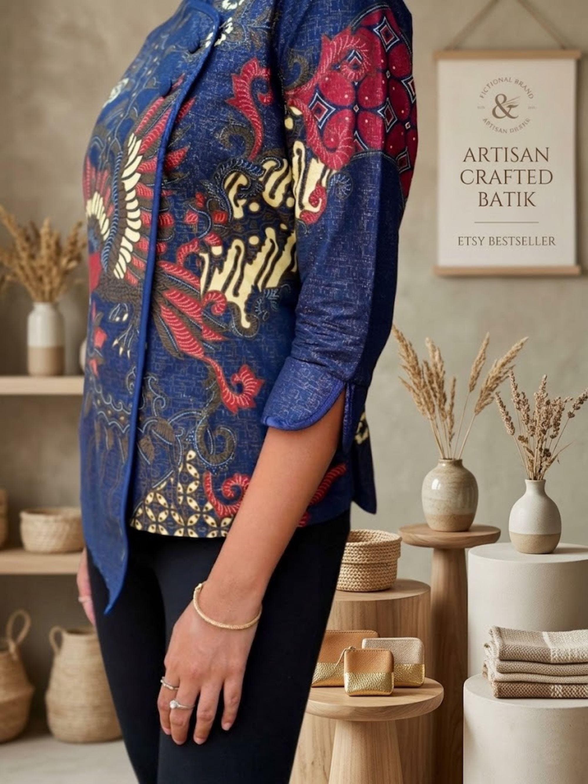 Blue Batik Blouse, Javanese Aksara Foil Print Top, Indonesian Ethnic Shirt - image 5