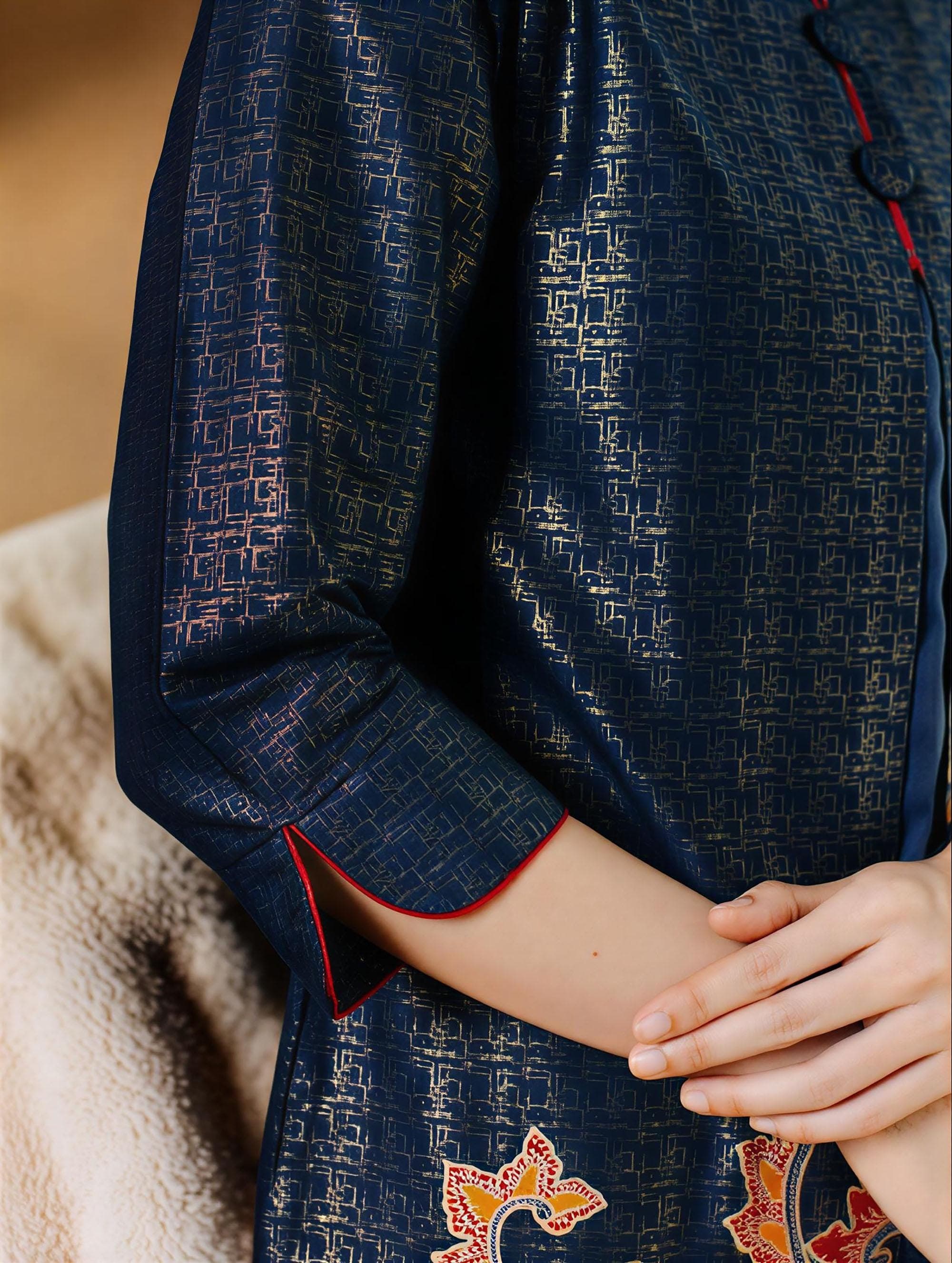 Navy Blue Batik Dress – Elegant Foil Print Cotton Midi Traditional Javanese Style - image 4