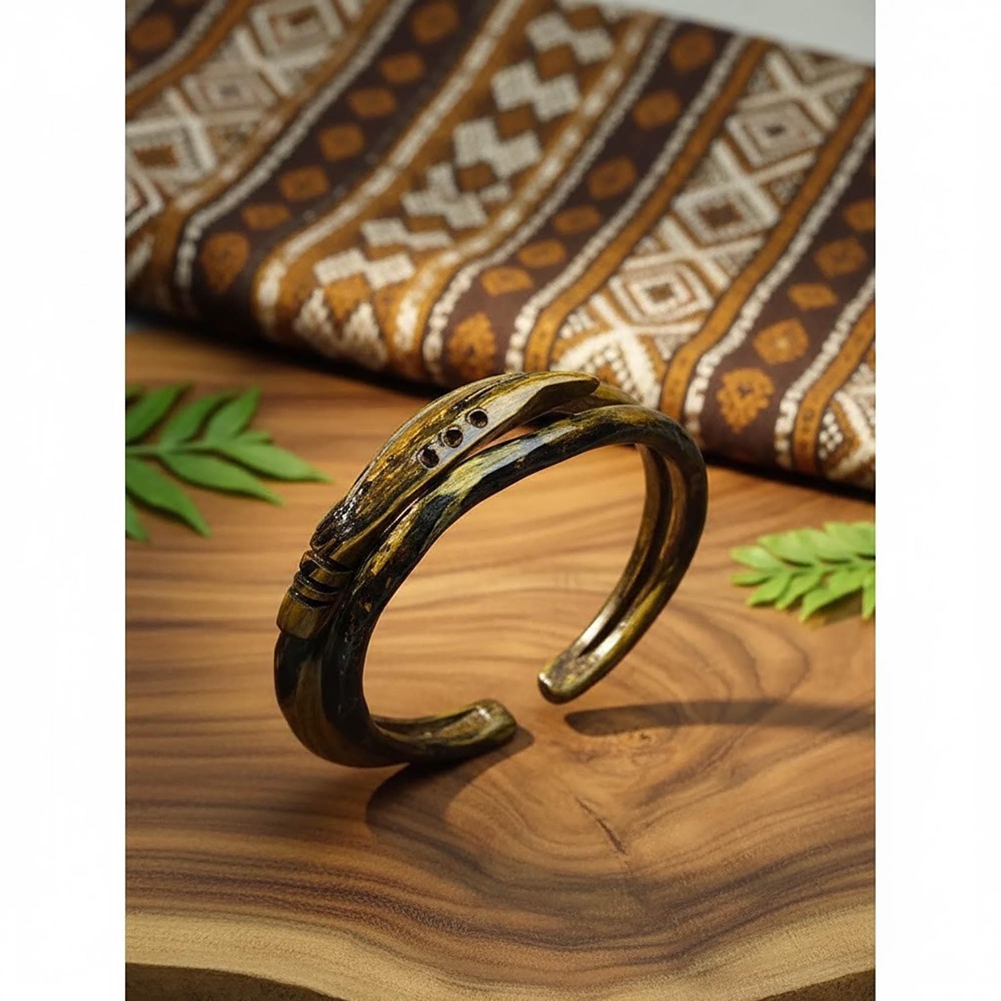 Hand Carved Wood Bangle Bracelet, Tribal Cuff Jewelry