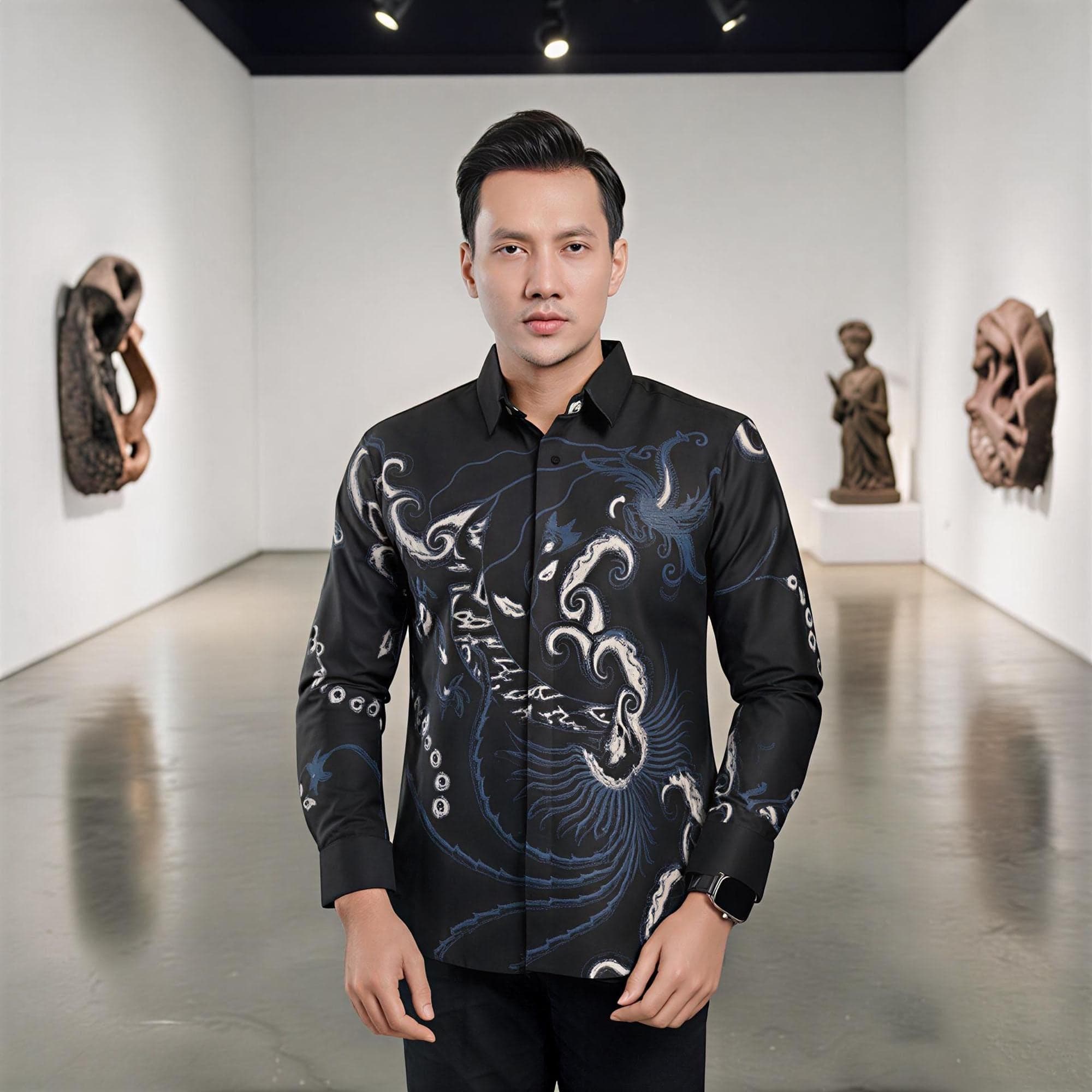 Arkanza Batik Shirt – Men's Long Sleeve Indonesian Formal Wear, Curved Hem