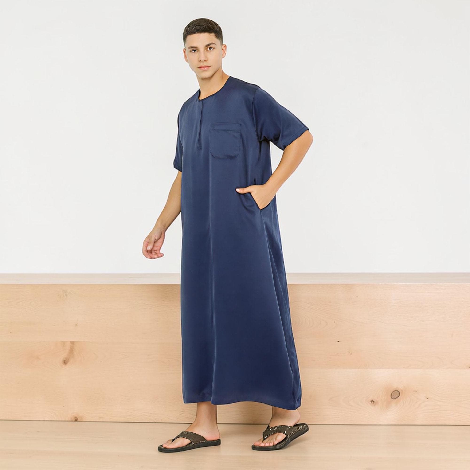 Men's Short Sleeve Thobe | Verona Cotton Jubba, Zippered Arabic Gown - image 4