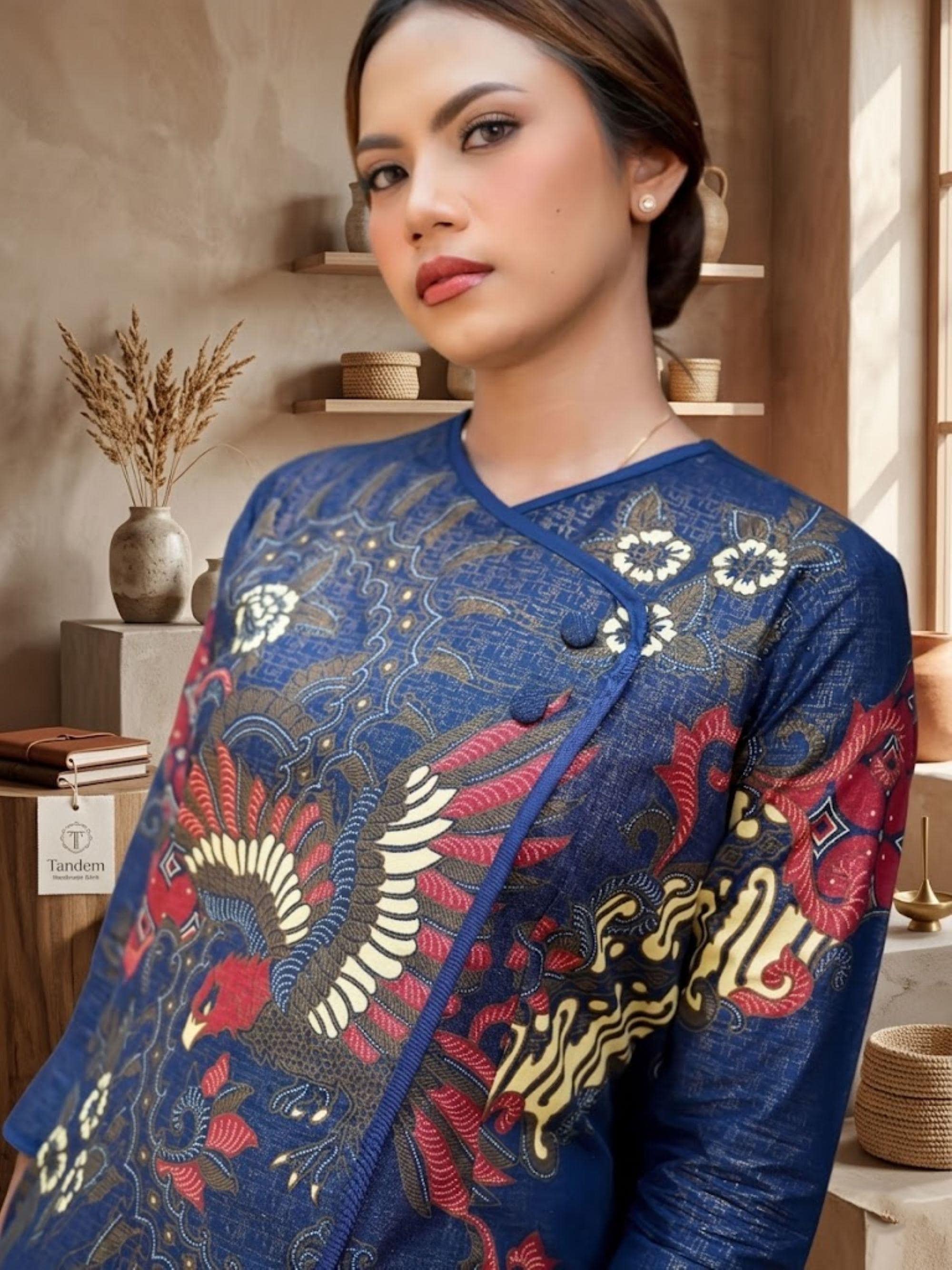 Blue Batik Blouse, Javanese Aksara Foil Print Top, Indonesian Ethnic Shirt - image 3