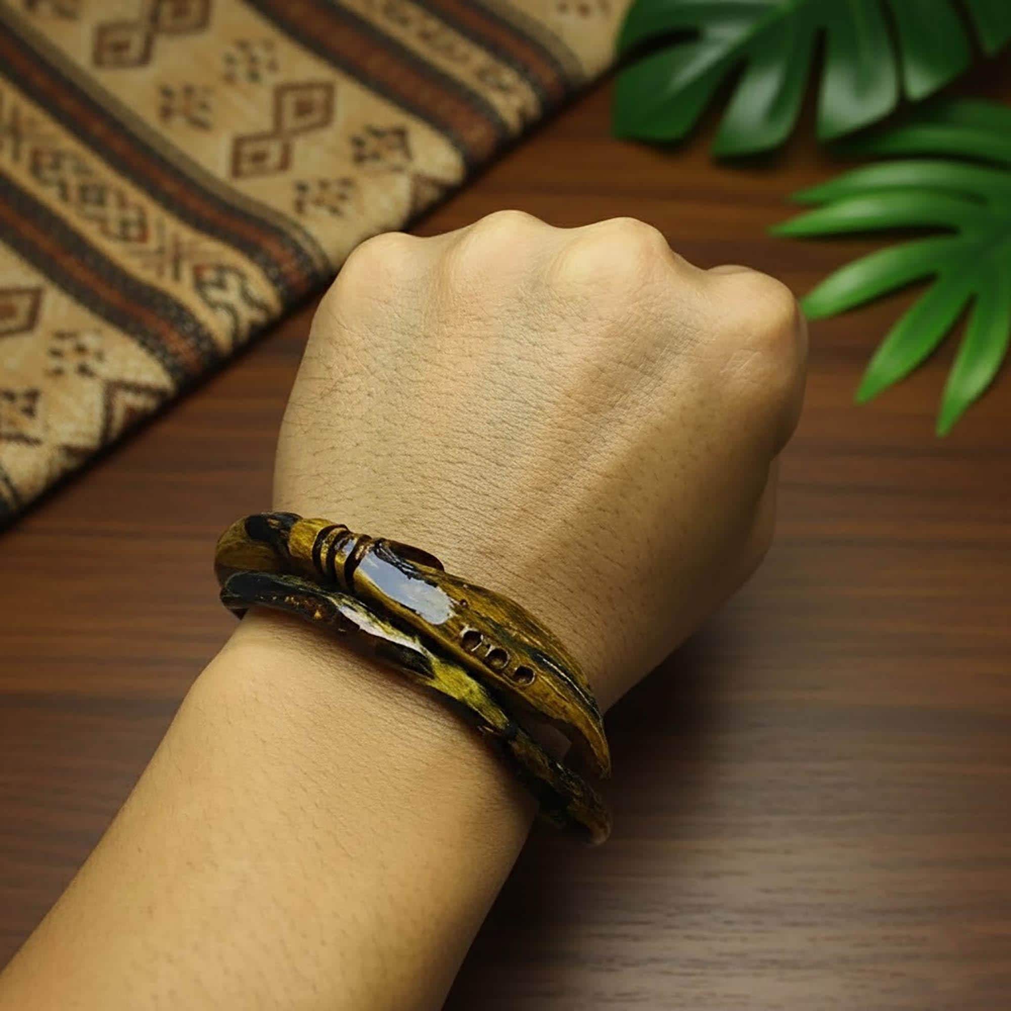 Hand Carved Wood Bangle Bracelet, Tribal Cuff Jewelry - image 3