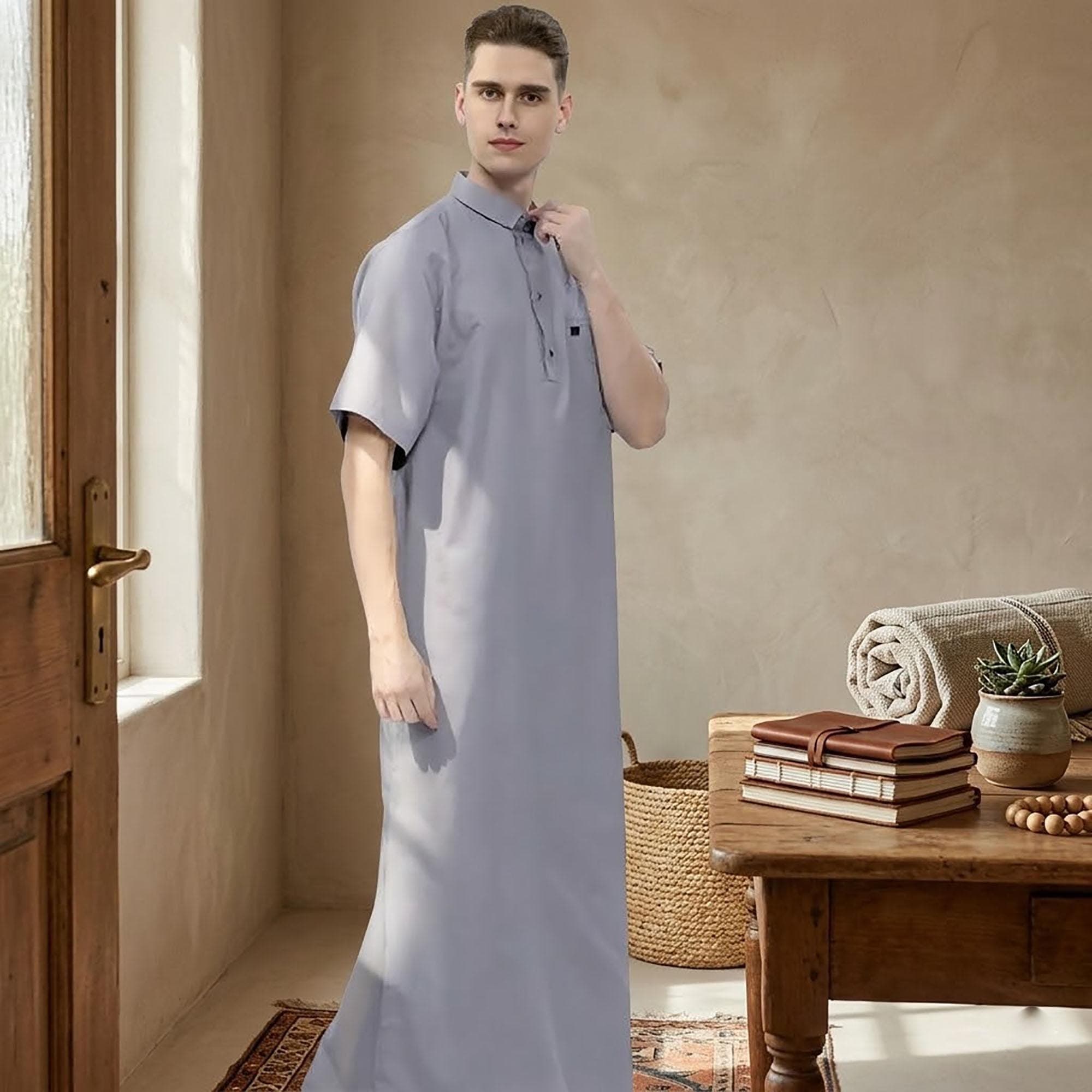 Men's Short Sleeve Thobe | Breathable Cotton Kaftan, Minimalist Arabic Jubba - image 5
