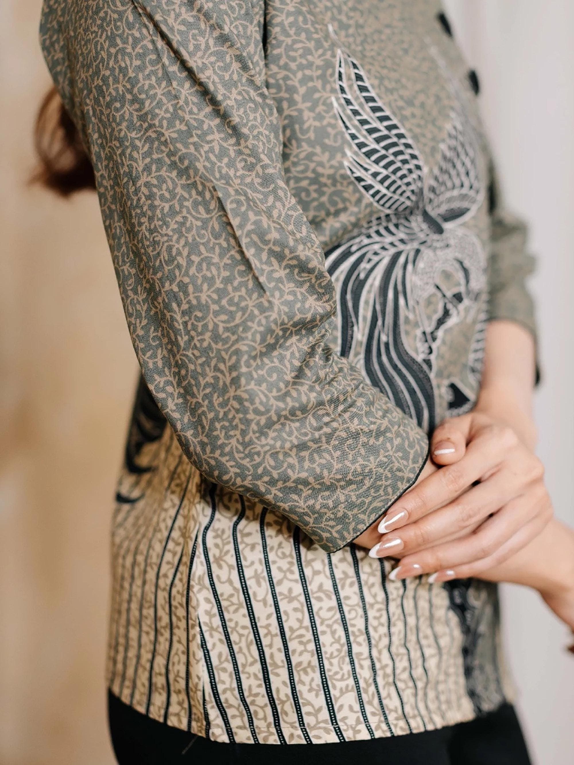 Grey Batik Blouse, Hand-Stamped Cotton Top, Indonesian Heritage Shirt, Elegant Workwear - image 5
