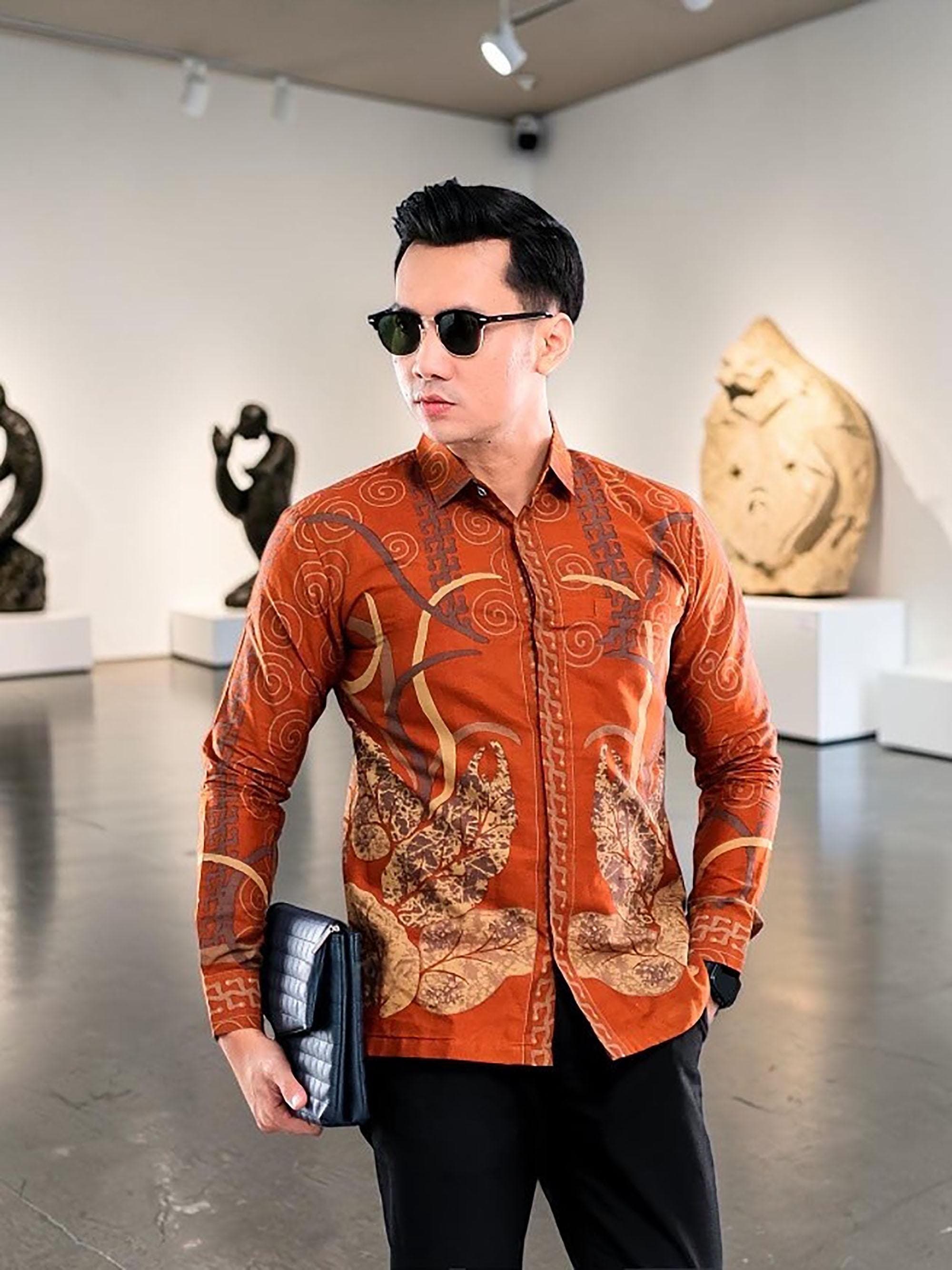 Men's Indonesian Batik Shirt, Ranacotta Cotton Long Sleeve Button Down