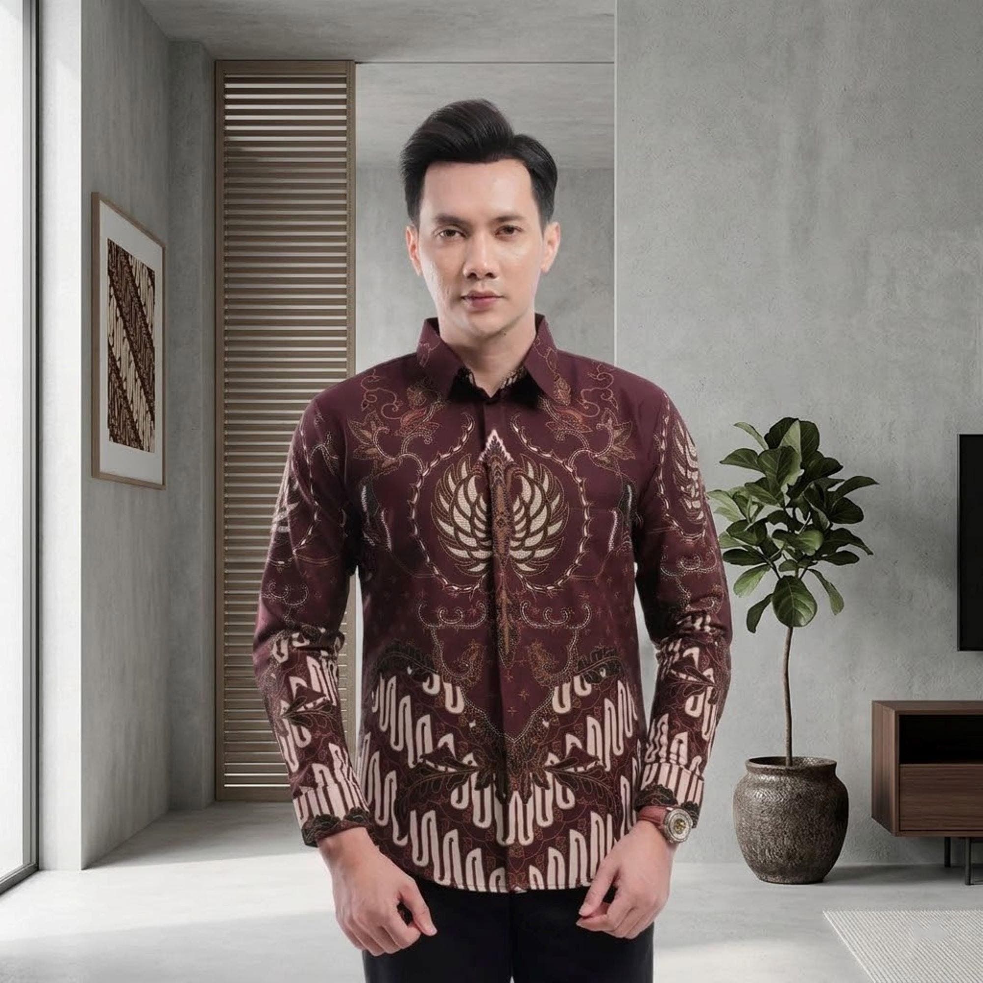 Men's Burgundy Batik Shirt – Slim Fit Cotton, Long Sleeve, Traditional Indonesian Design