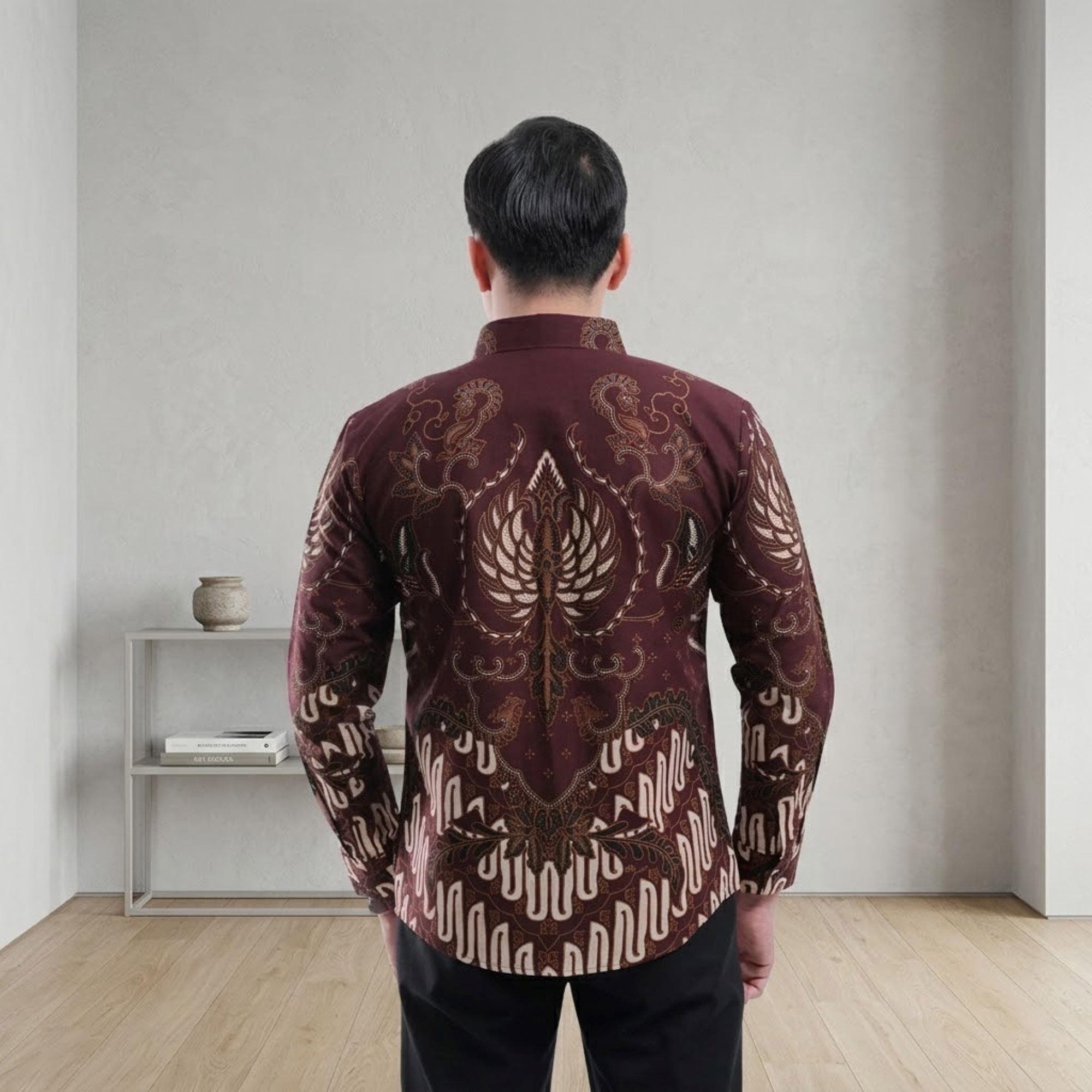 Men's Burgundy Batik Shirt – Slim Fit Cotton, Long Sleeve, Traditional Indonesian Design - image 4