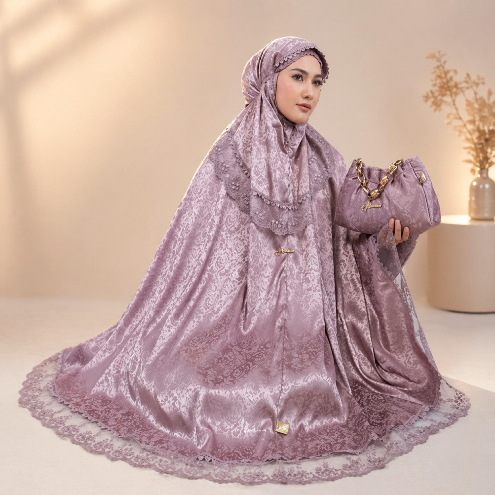 Silk Mukena Prayer Set with Elegant Lace Detailing – Indonesian Modest Wear