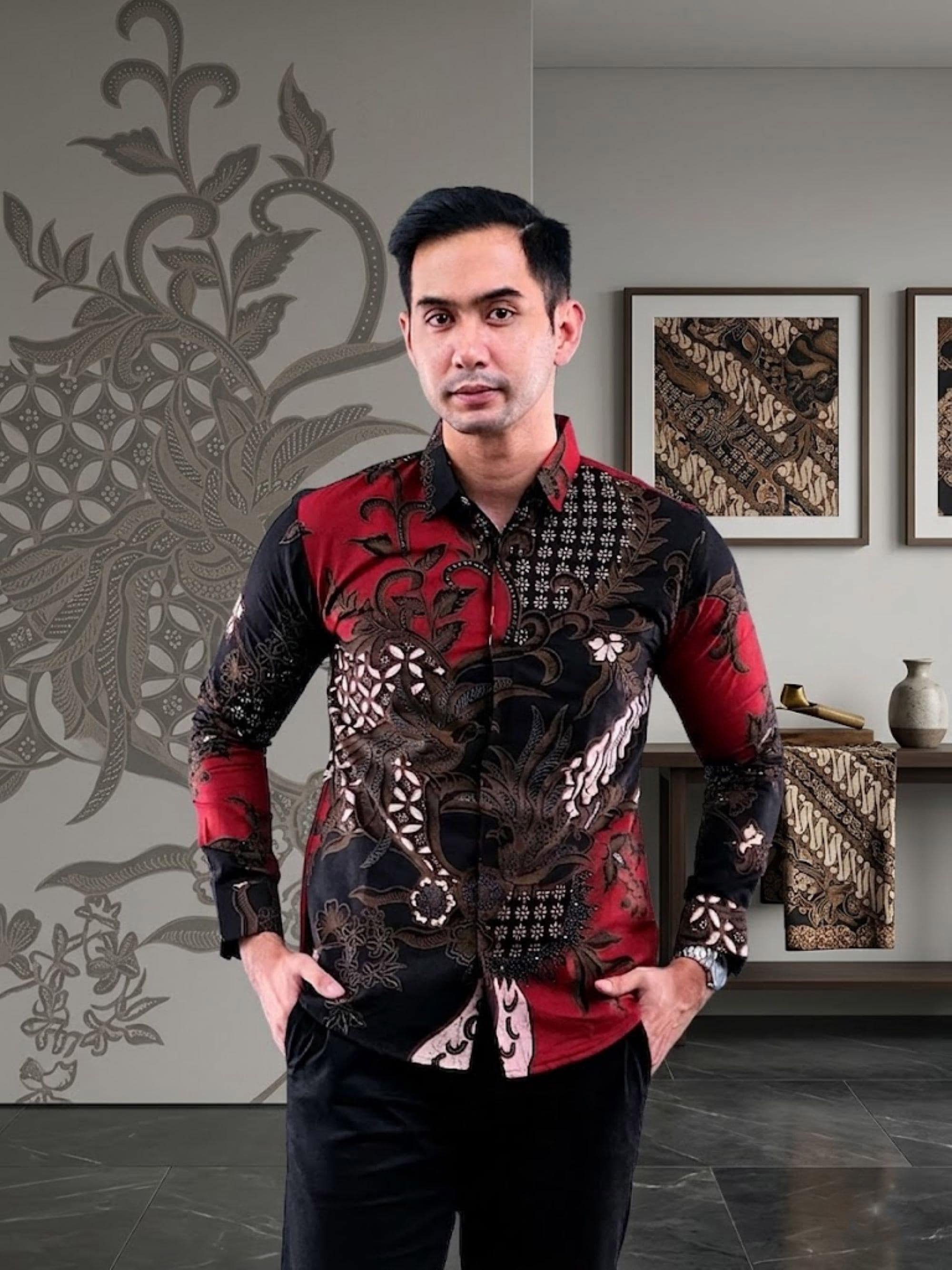Handmade Javanese Batik Men's Shirt – Red Black Bird Motif Cotton Slim Fit
