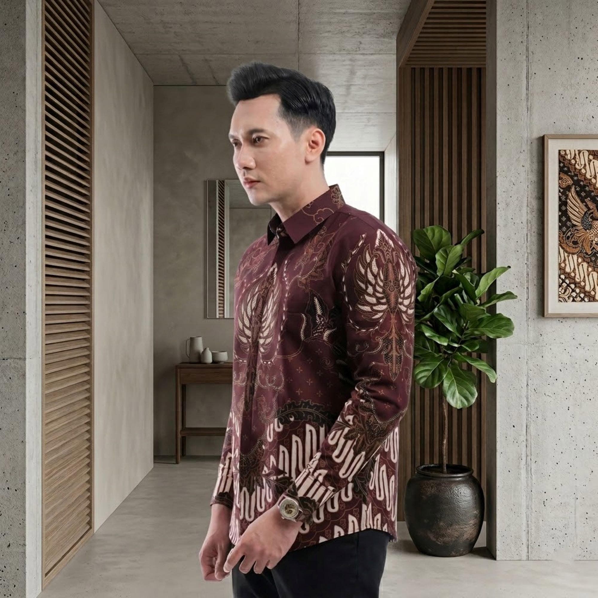 Men's Burgundy Batik Shirt – Slim Fit Cotton, Long Sleeve, Traditional Indonesian Design - image 3