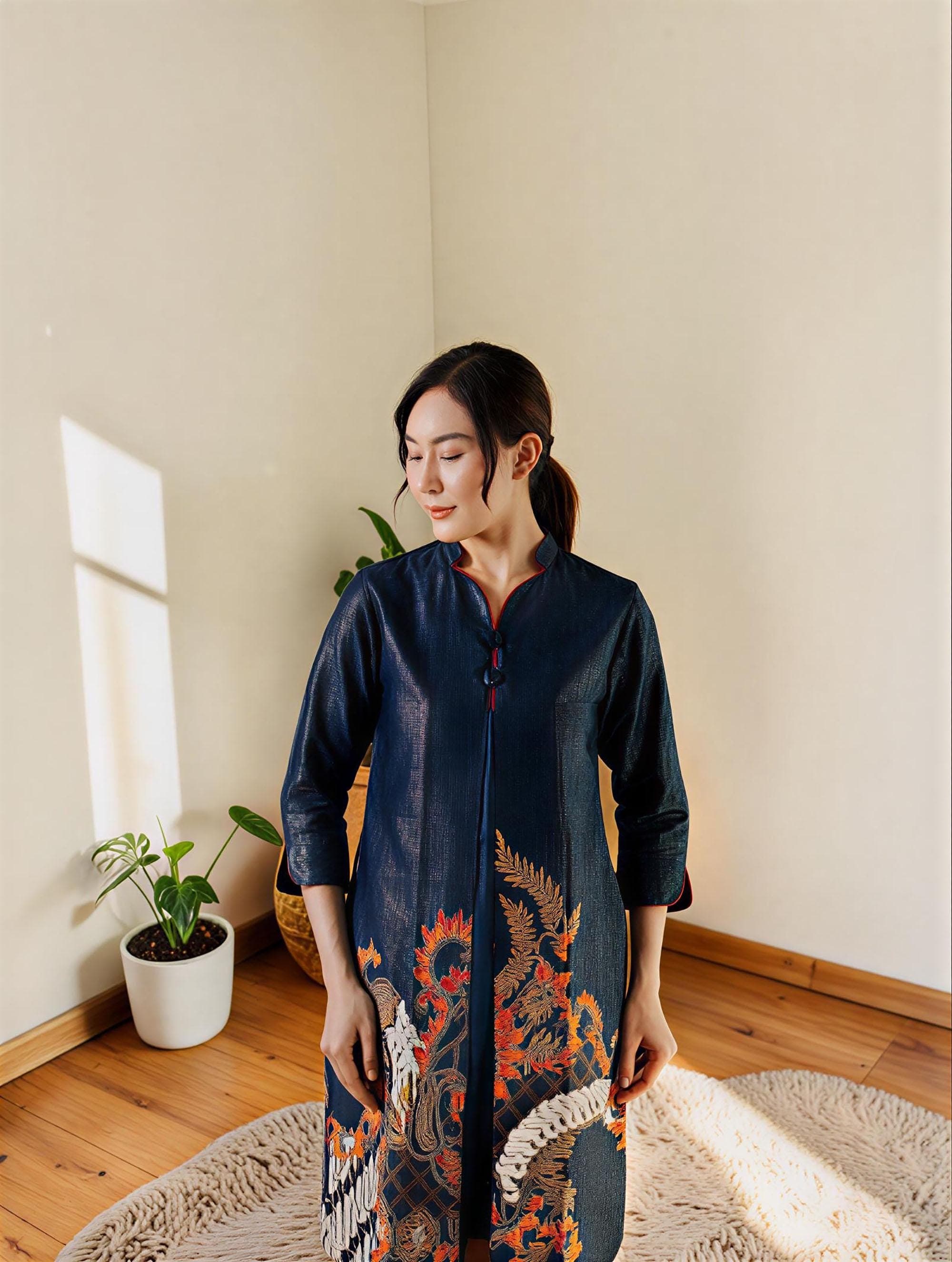 Navy Blue Batik Dress – Elegant Foil Print Cotton Midi Traditional Javanese Style - image 3
