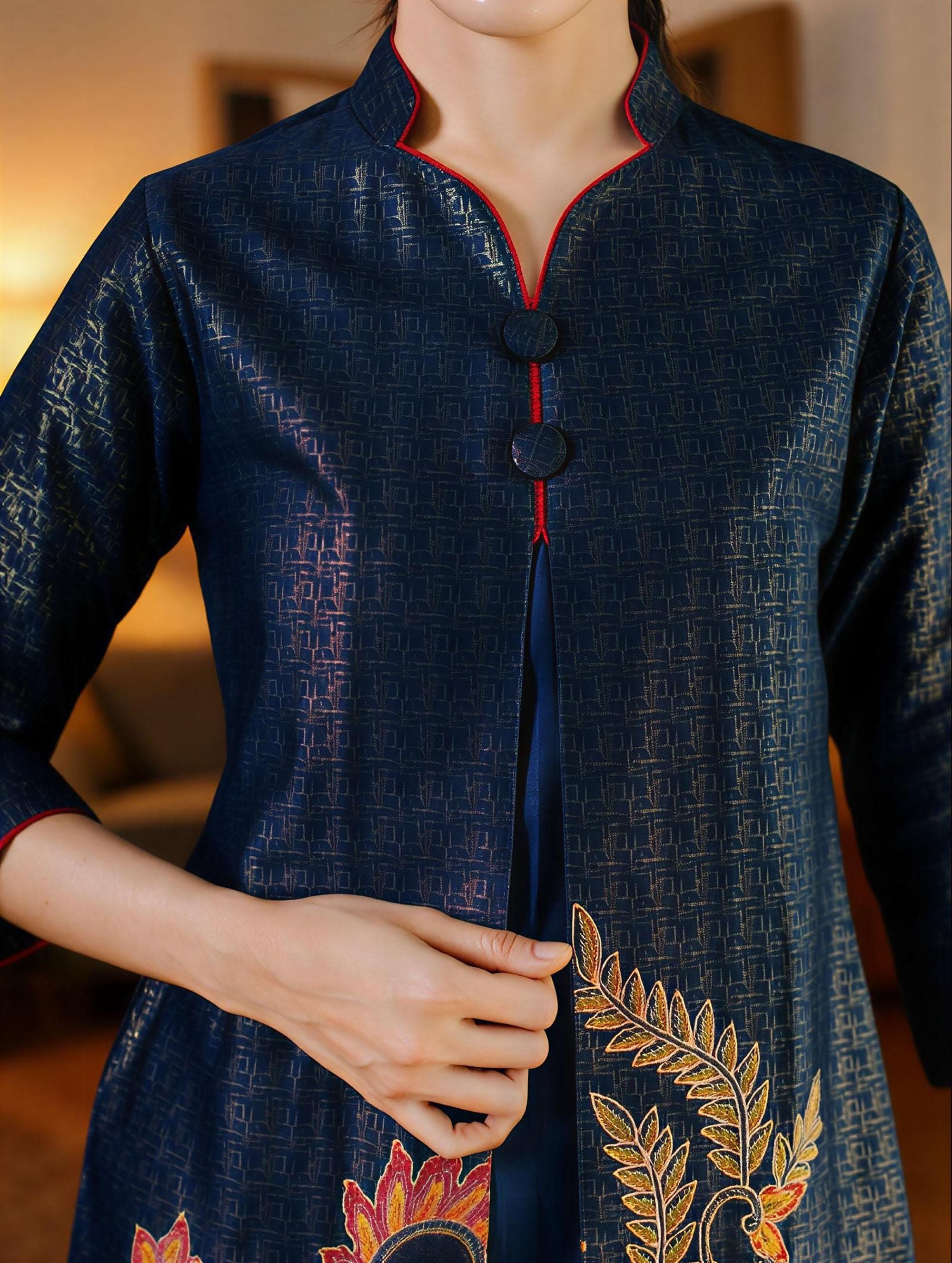 Navy Blue Batik Dress – Elegant Foil Print Cotton Midi Traditional Javanese Style - image 5