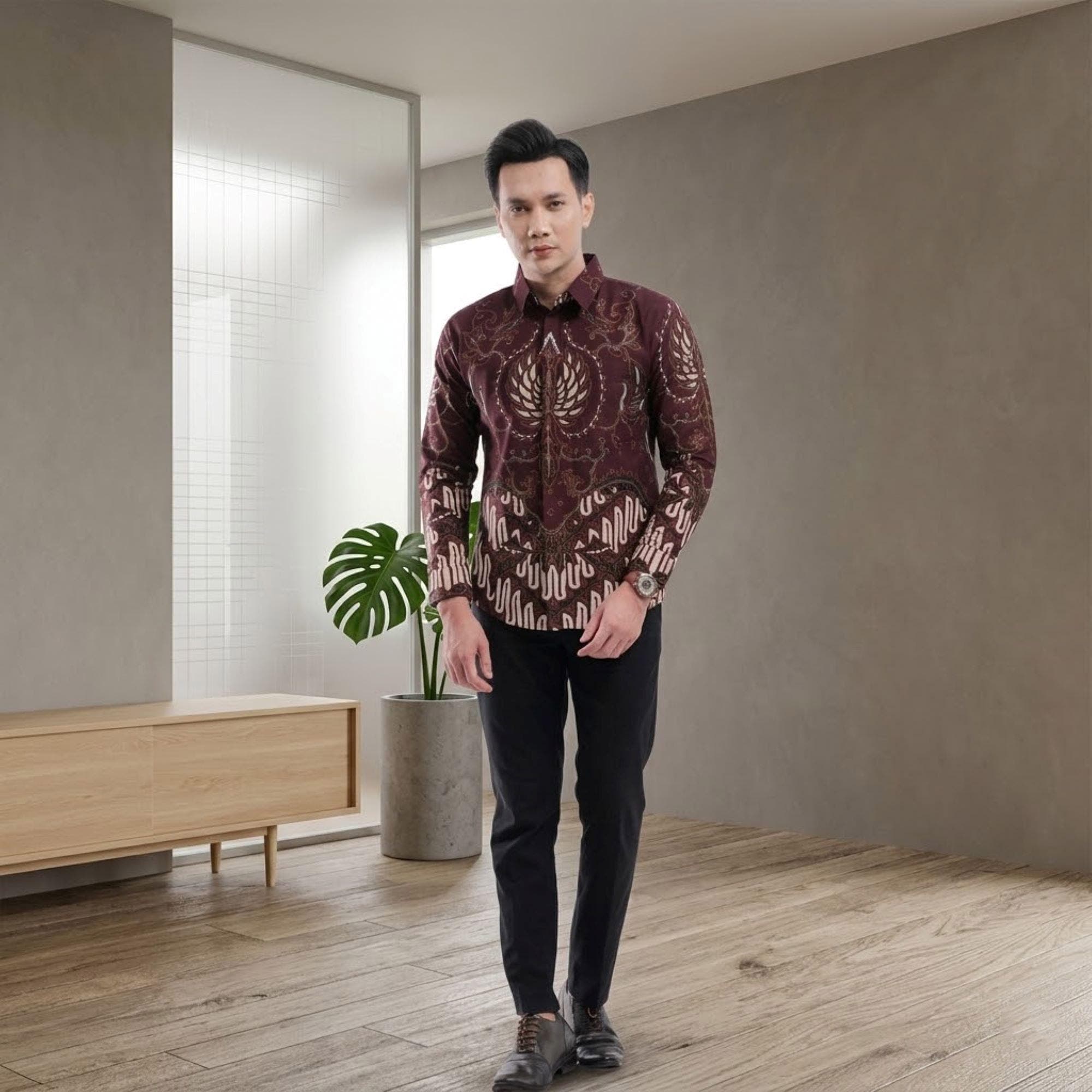 Men's Burgundy Batik Shirt – Slim Fit Cotton, Long Sleeve, Traditional Indonesian Design - image 5