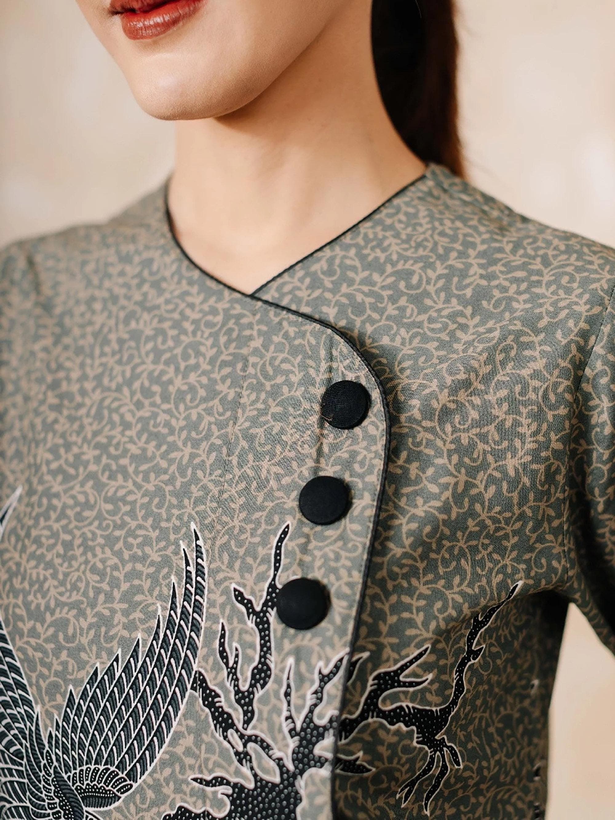 Grey Batik Blouse, Hand-Stamped Cotton Top, Indonesian Heritage Shirt, Elegant Workwear - image 3