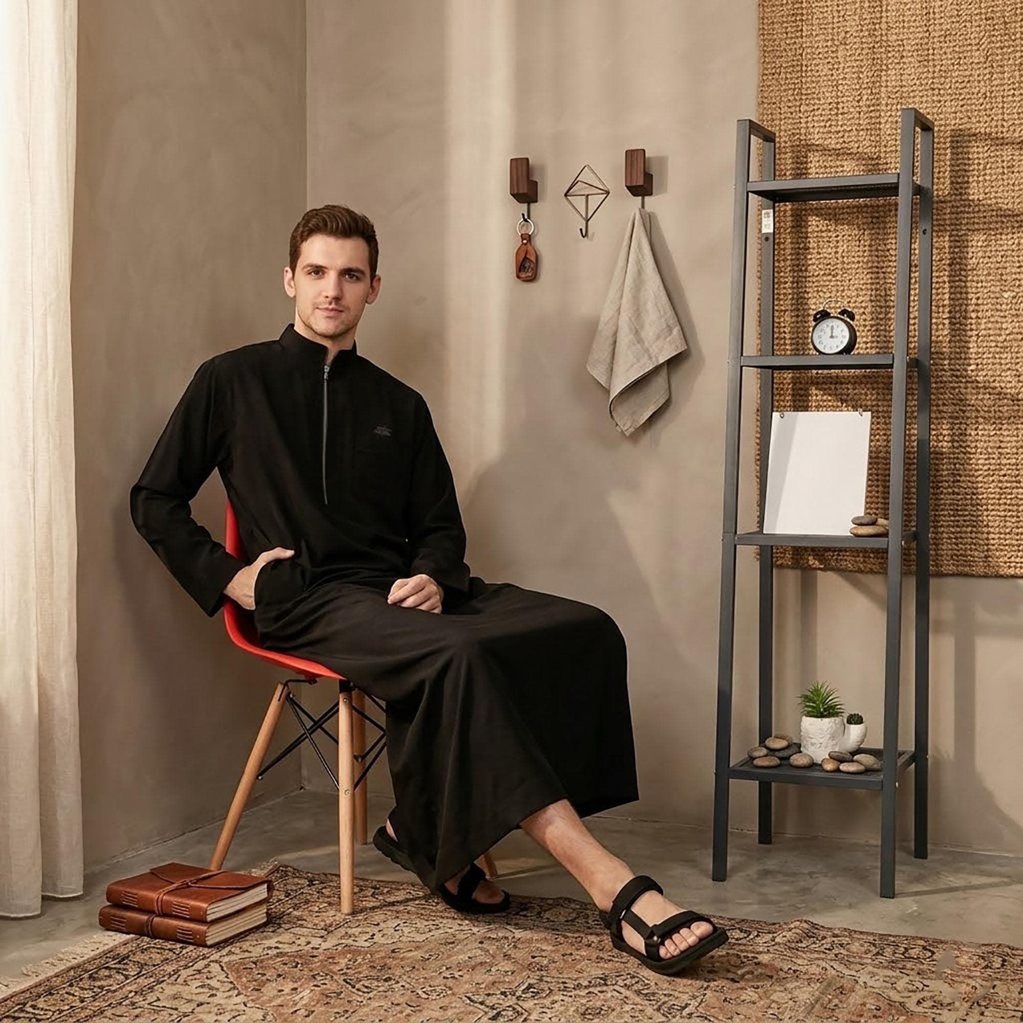 Men's Black Toyobo Cotton Thobe | Minimalist Arabic Kaftan Gown - image 3