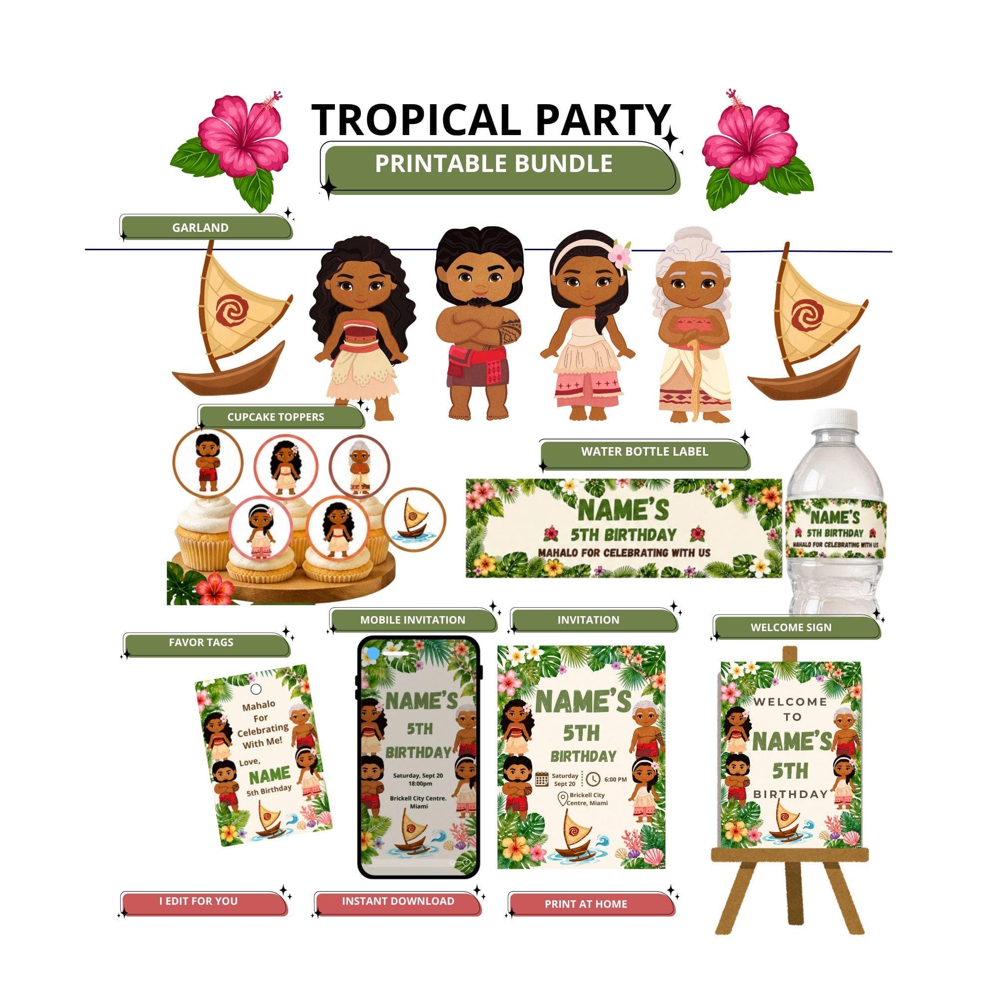 Tropical Birthday Party Bundle | Island Theme Printable Set | Welcome Sign, Invitation, Cupcake Toppers, Favor Tags, Water Labels