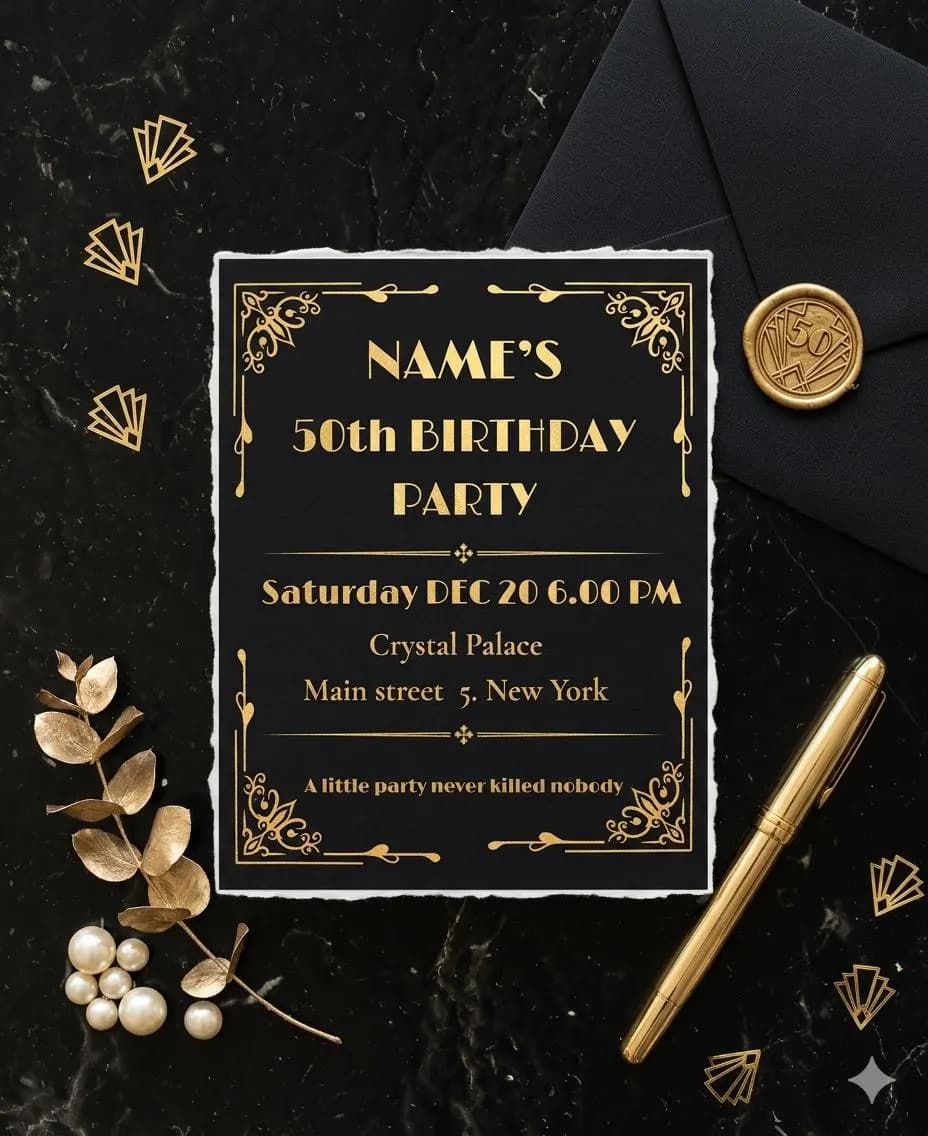 Gatsby 50th Birthday Invitation, Art Deco Gold Black Party Invite (Digital Download) - image 3