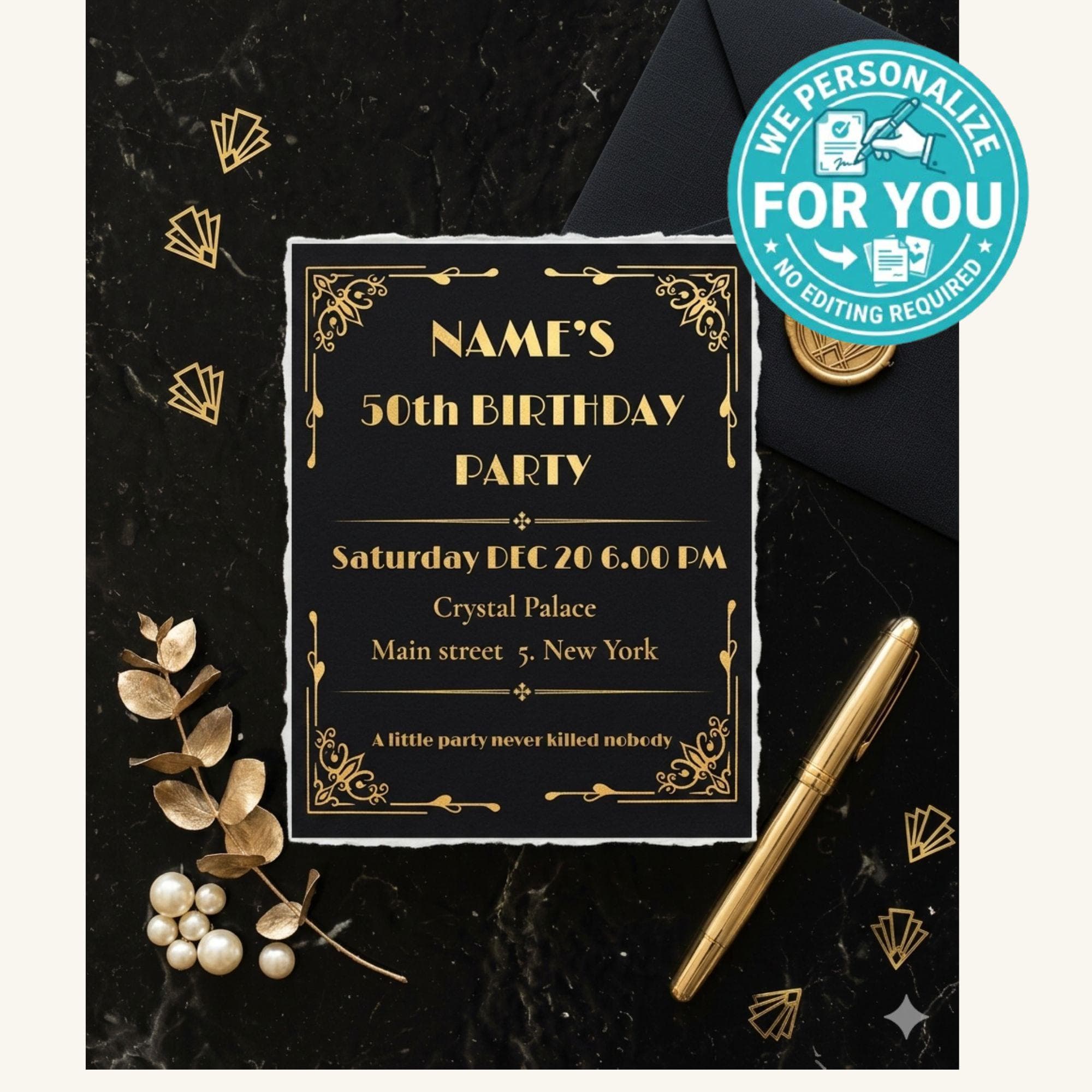 Gatsby 50th Birthday Invitation, Art Deco Gold Black Party Invite (Digital Download)