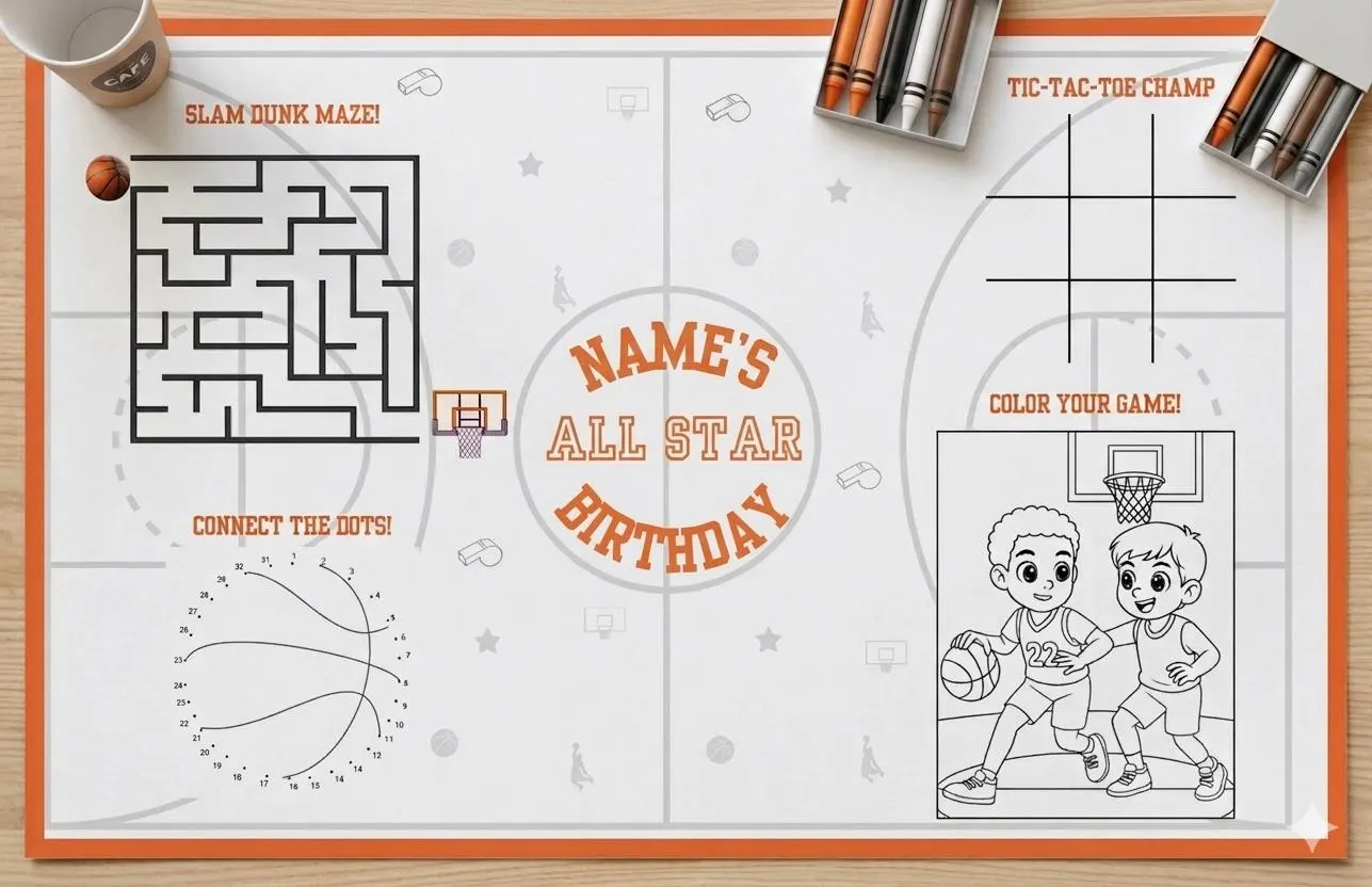 Basketball Birthday Activity Mat, Printable Sport Party Placemat, Kid Game Day Table Decor, All Star Birthday Favors, Activity Sheet for Kid
