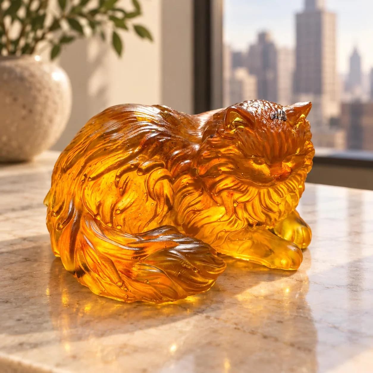 KIZIMA golden reclining Persian cat figurine on a pale stone console in a softly lit New York apartment interior