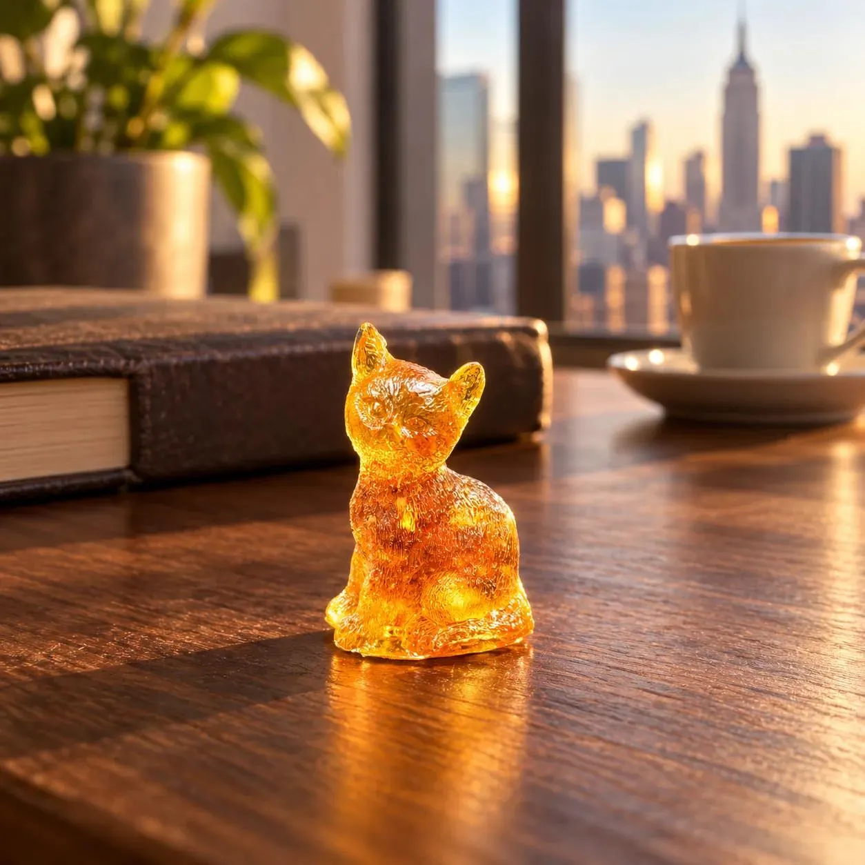 Tiny 4 cm sitting cat figurine on a desk in a New York interior