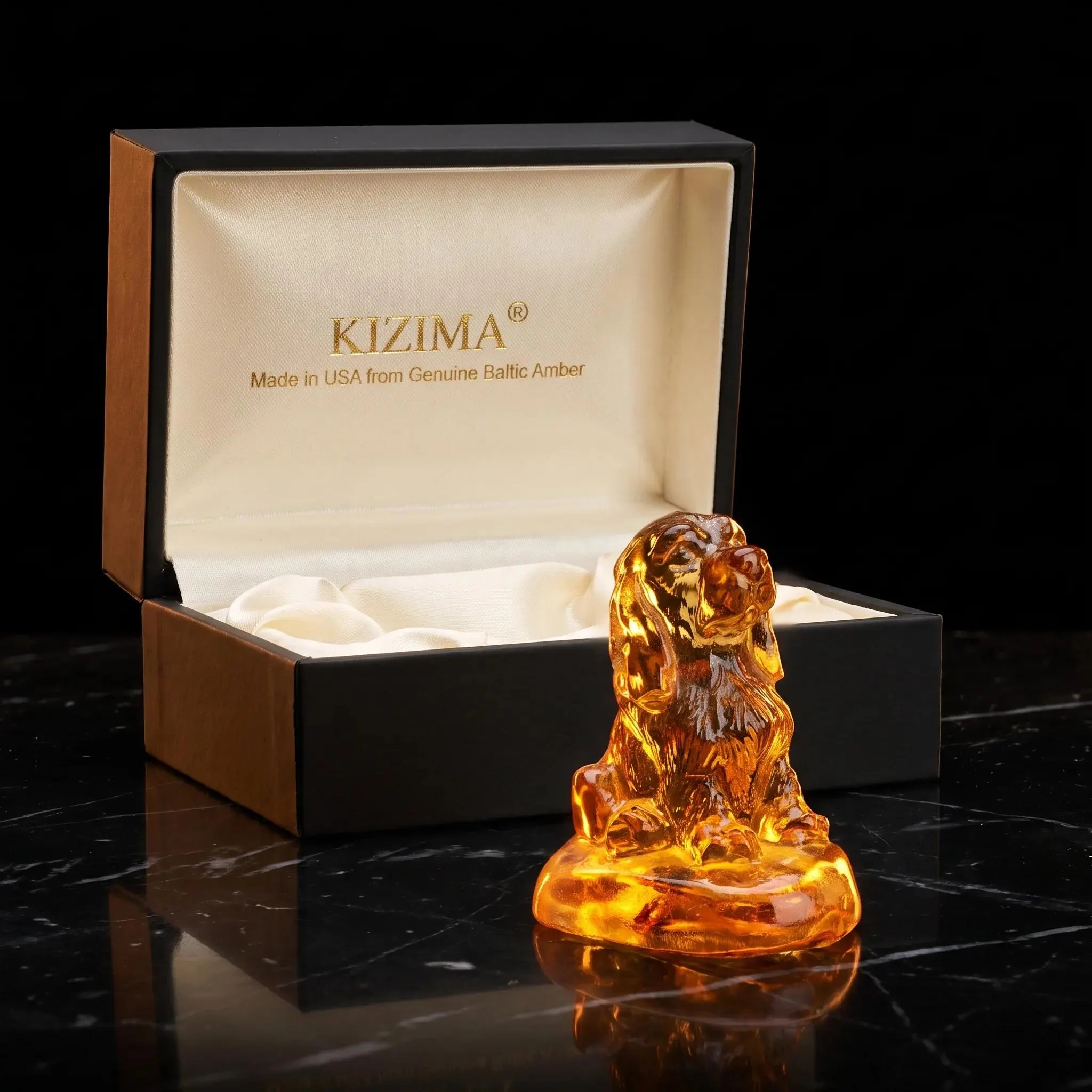 Made in USA natural Baltic amber Cocker Spaniel figurine with open black KIZIMA® gift box — ready-to-give spaniel lover gift, handcrafted in Brooklyn NY