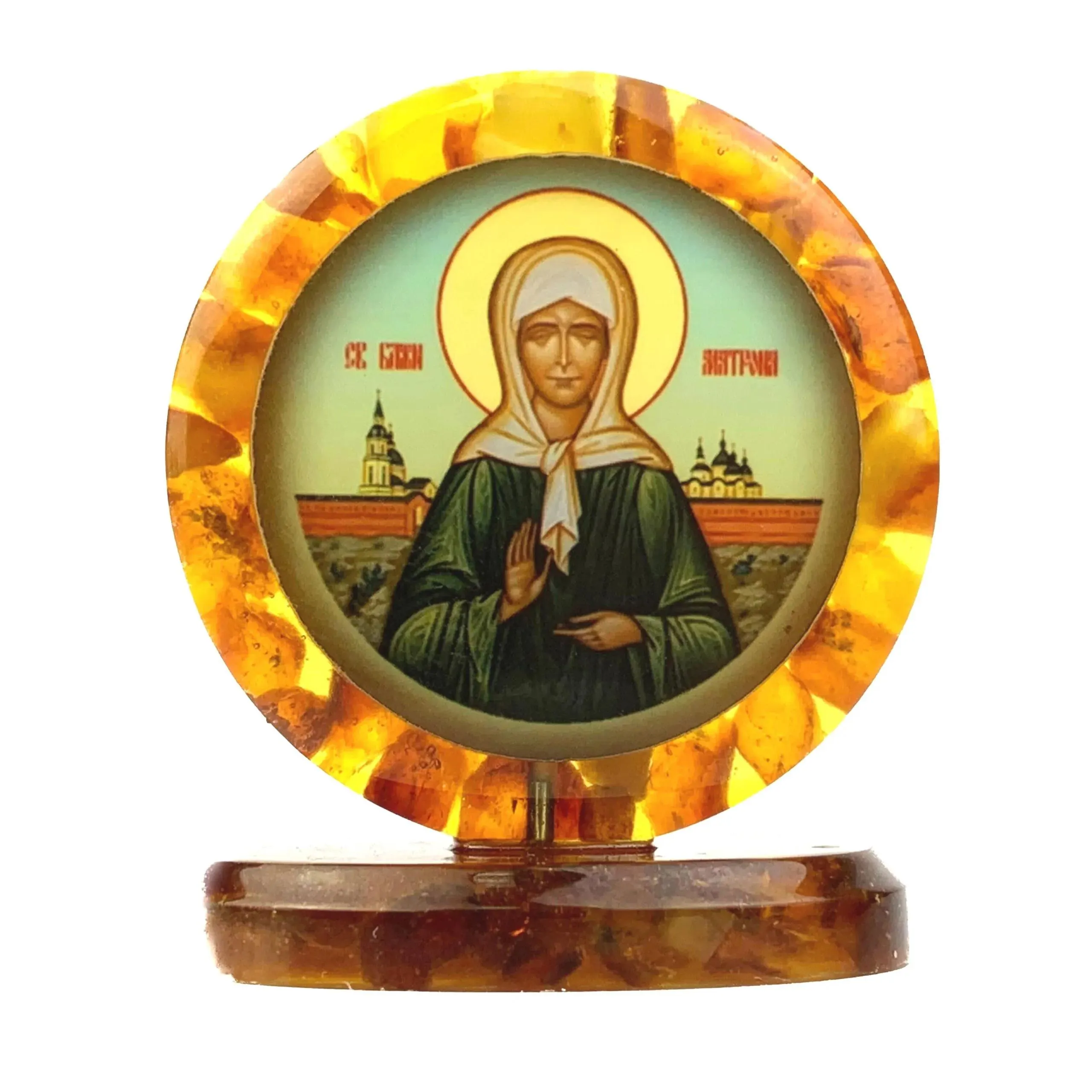 Made in USA Natural Baltic Amber Saint Matrona of Moscow Icon, Handmade Orthodox Icon for a Home Altar, Baptism, Name Day & Christmas Gift