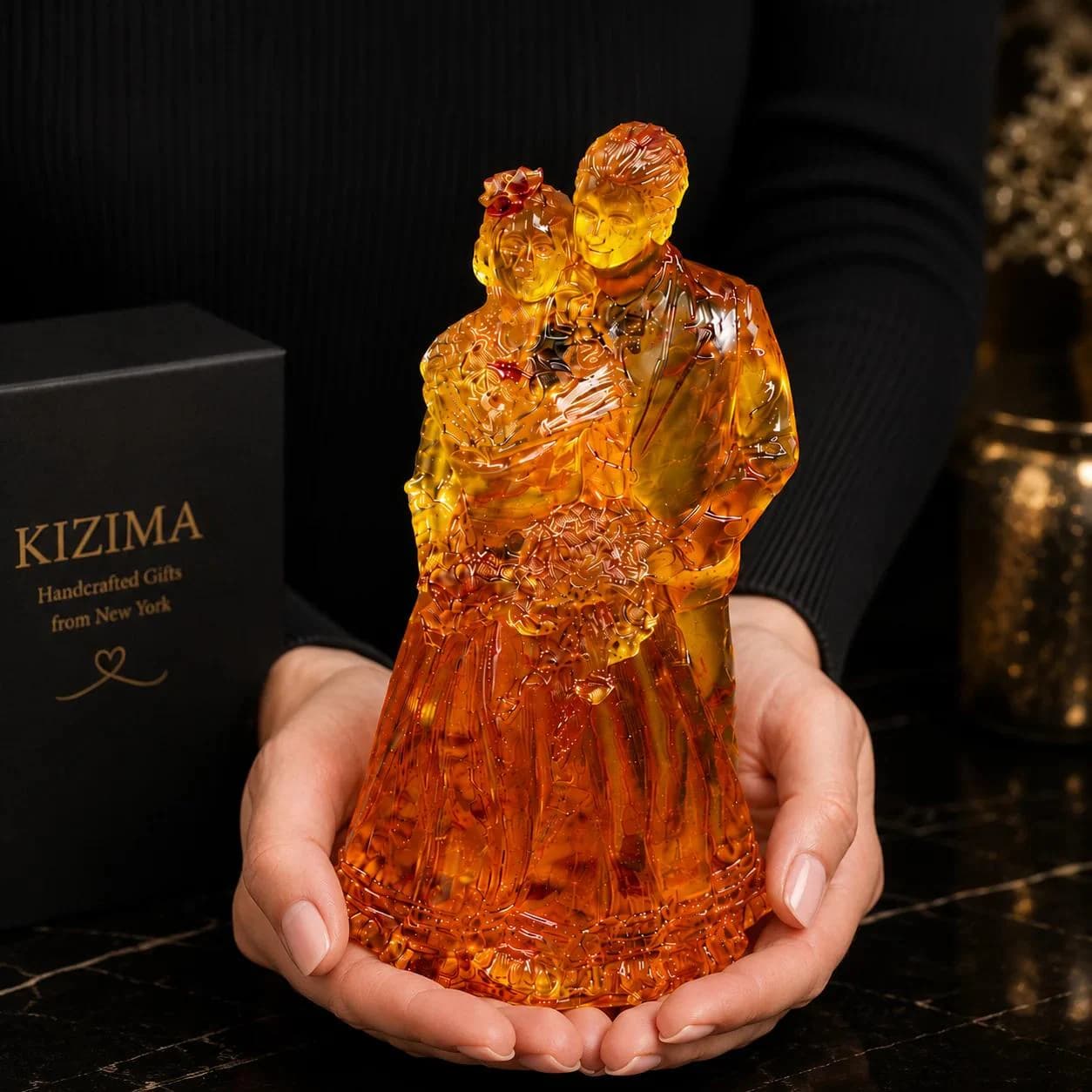 Made in USA Baltic Amber Wedding Couple Figurine, Hand-Carved Cake Topper Sculpture, Wedding, Engagement & Anniversary Gift - KIZIMA®