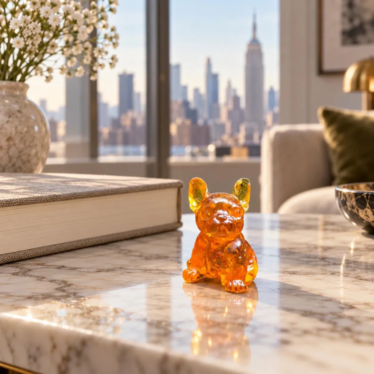 Tiny 5 cm amber French Bulldog figurine displayed on a marble table in a New York apartment.