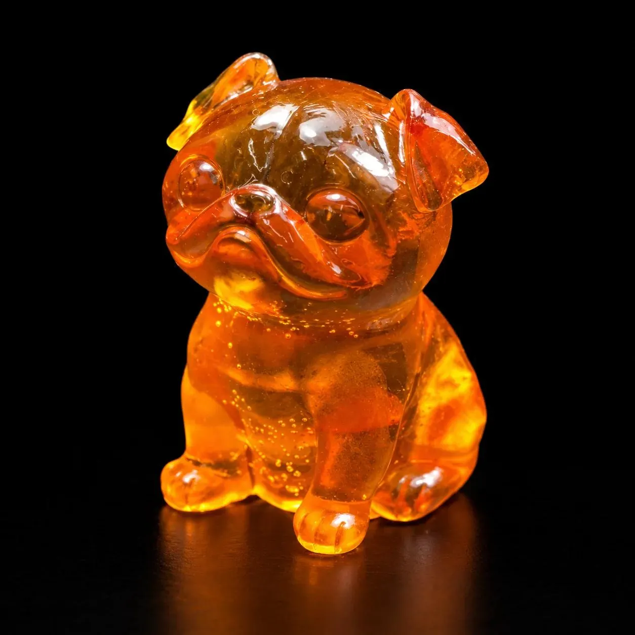Pug Dog Figurine with Folded Ears and Wrinkled Muzzle, 5 cm Seated Miniature, Made in USA from Genuine Baltic Amber, Brooklyn Handmade |