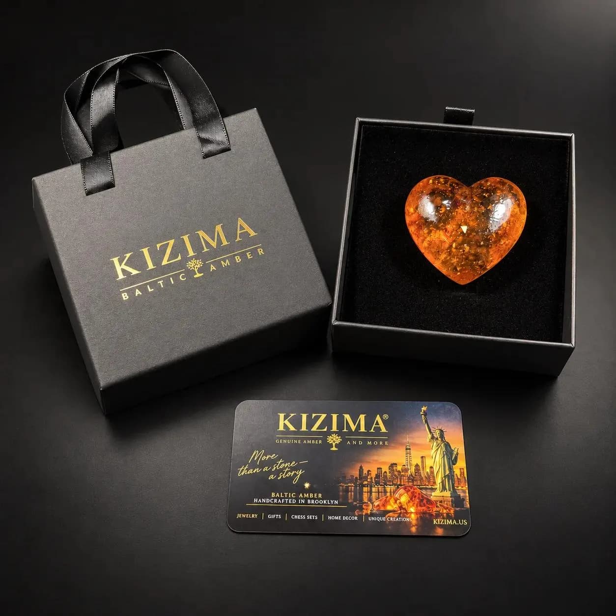 Baltic amber heart keepsake with KIZIMA® gift box and business card, Valentine's Day gift for her handcrafted in Brooklyn