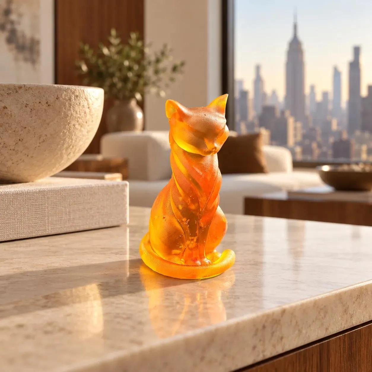 Small golden sitting cat figurine on a pale stone console in a warmly lit New York apartment