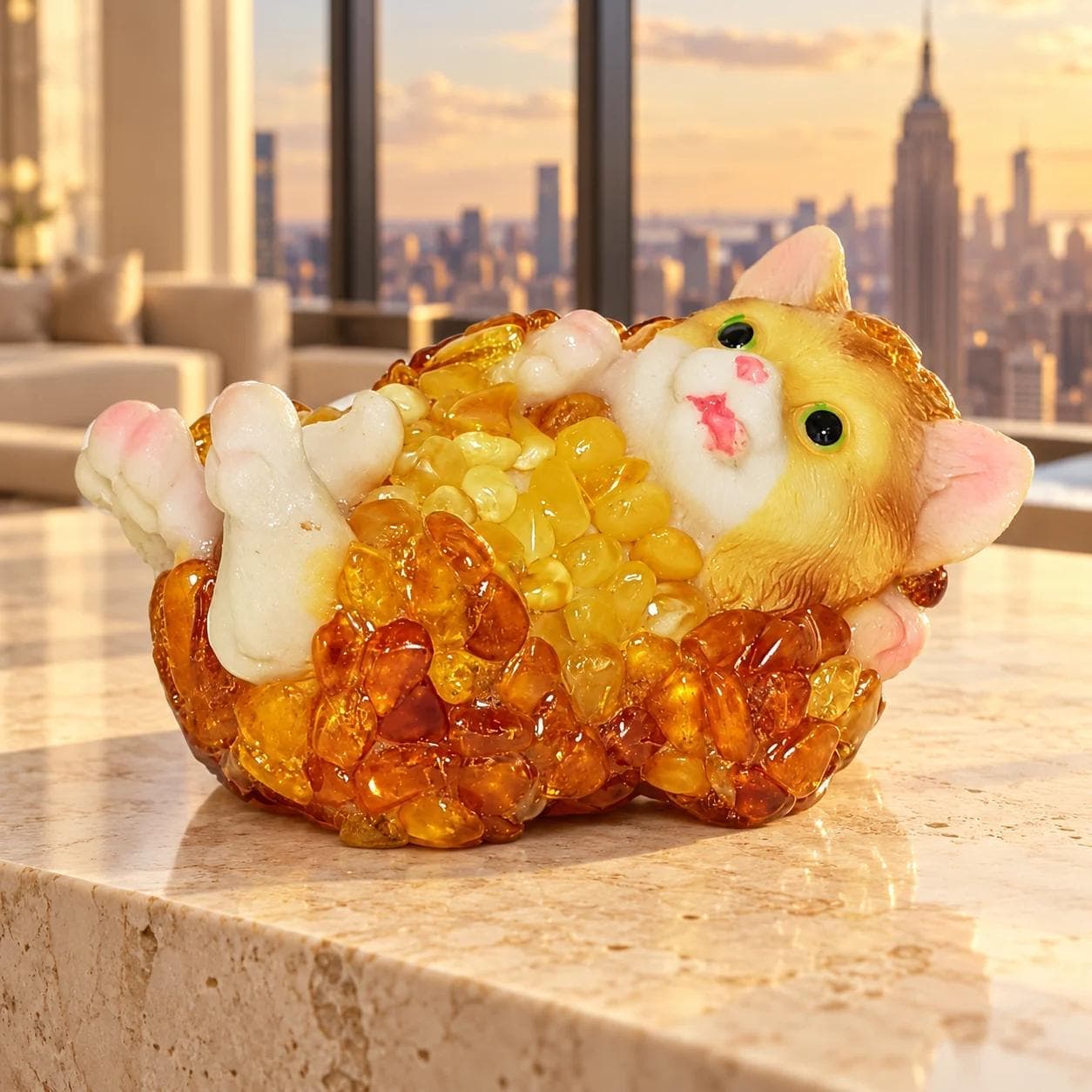 Made in USA Natural Baltic Amber Cat Figurine Lying on Its Back, Playful Mosaic Kitten, Housewarming, Birthday & Christmas Gift for a Cat
