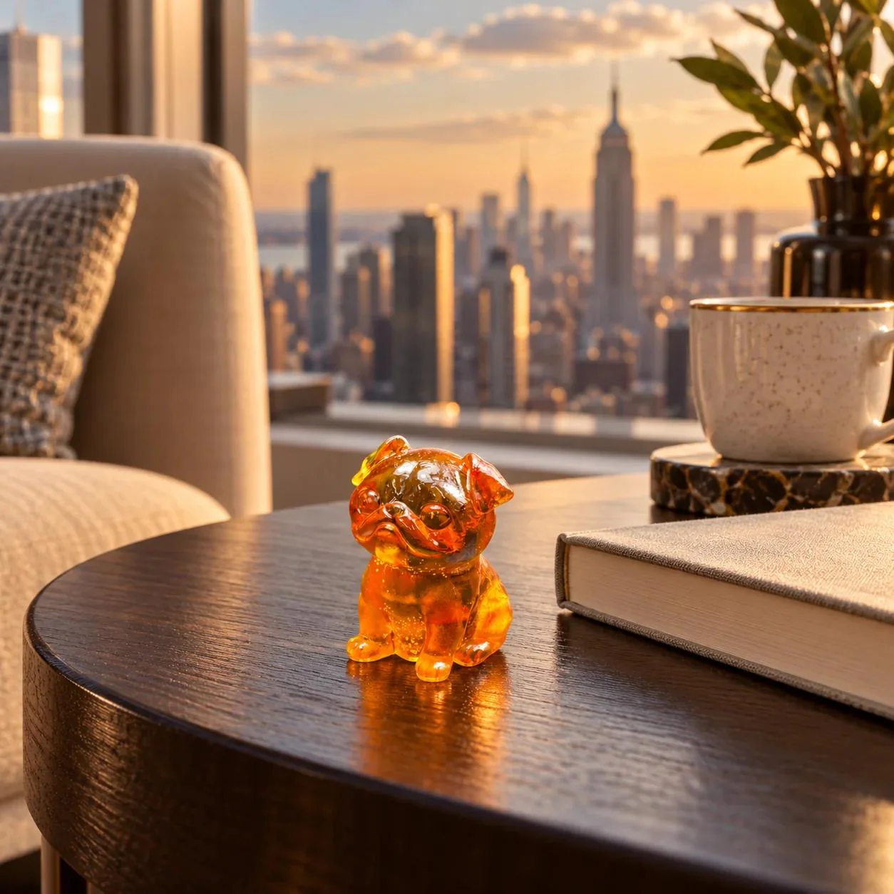 Small 5 cm amber Pug figurine displayed on a dark wood table in a New York apartment with a softly blurred skyline.