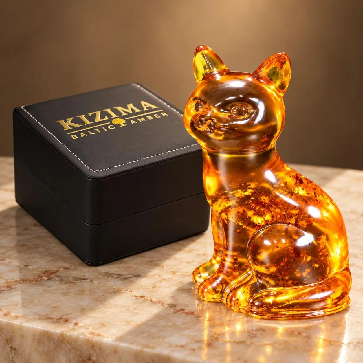 KIZIMA amber sitting cat beside the actual black stitched branded gift box