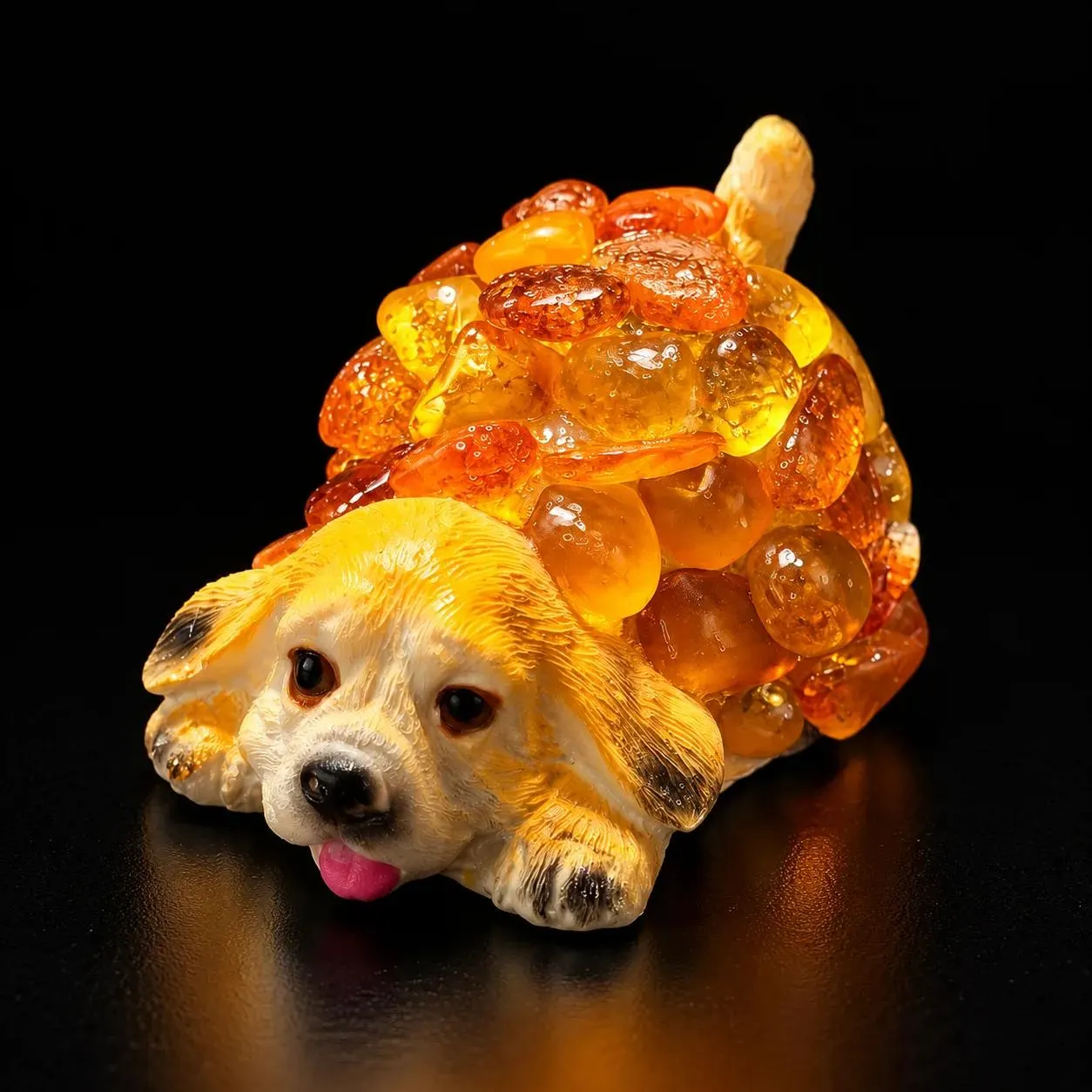 Made in USA Natural Baltic Amber Spaniel Puppy Figurine, Lying Dog Amber Mosaic Sculpture, Pet Memorial, Christmas & Birthday Gift Dog Lover