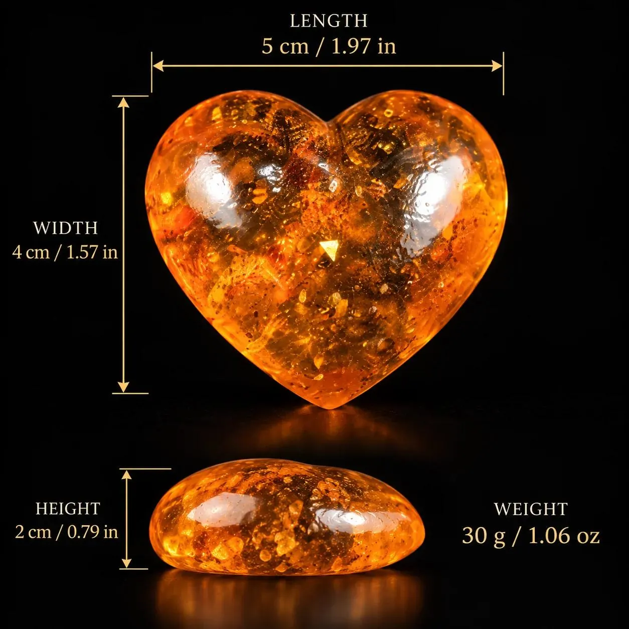 Size and weight guide for the KIZIMA® Natural Baltic Amber classic heart sculpture, Made in USA amber keepsake