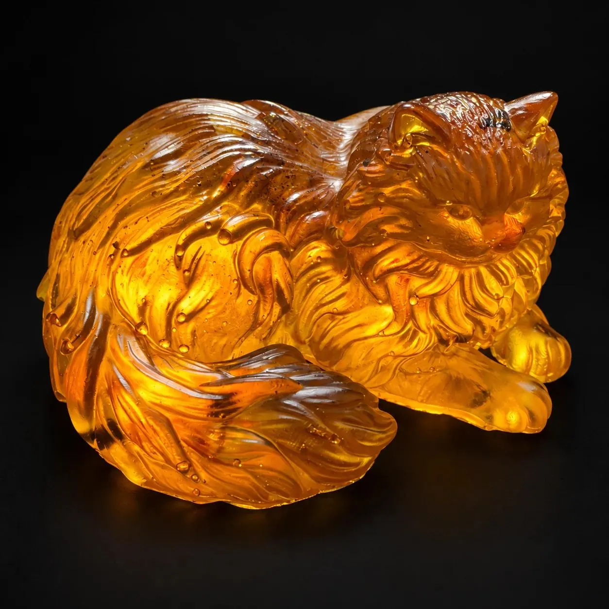 Made in USA Natural Baltic Amber Persian Cat Figurine, 9 cm Golden Reclining Long-Haired Cat, Shelf Decor, Birthday & Christmas Gift for a
