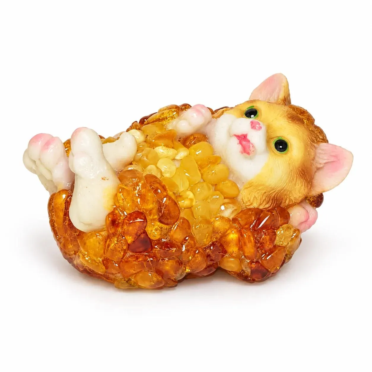 Baltic amber mosaic kitten lying on its back on white, approx. 3.4 x 2 x 2 in — KIZIMA® Brooklyn