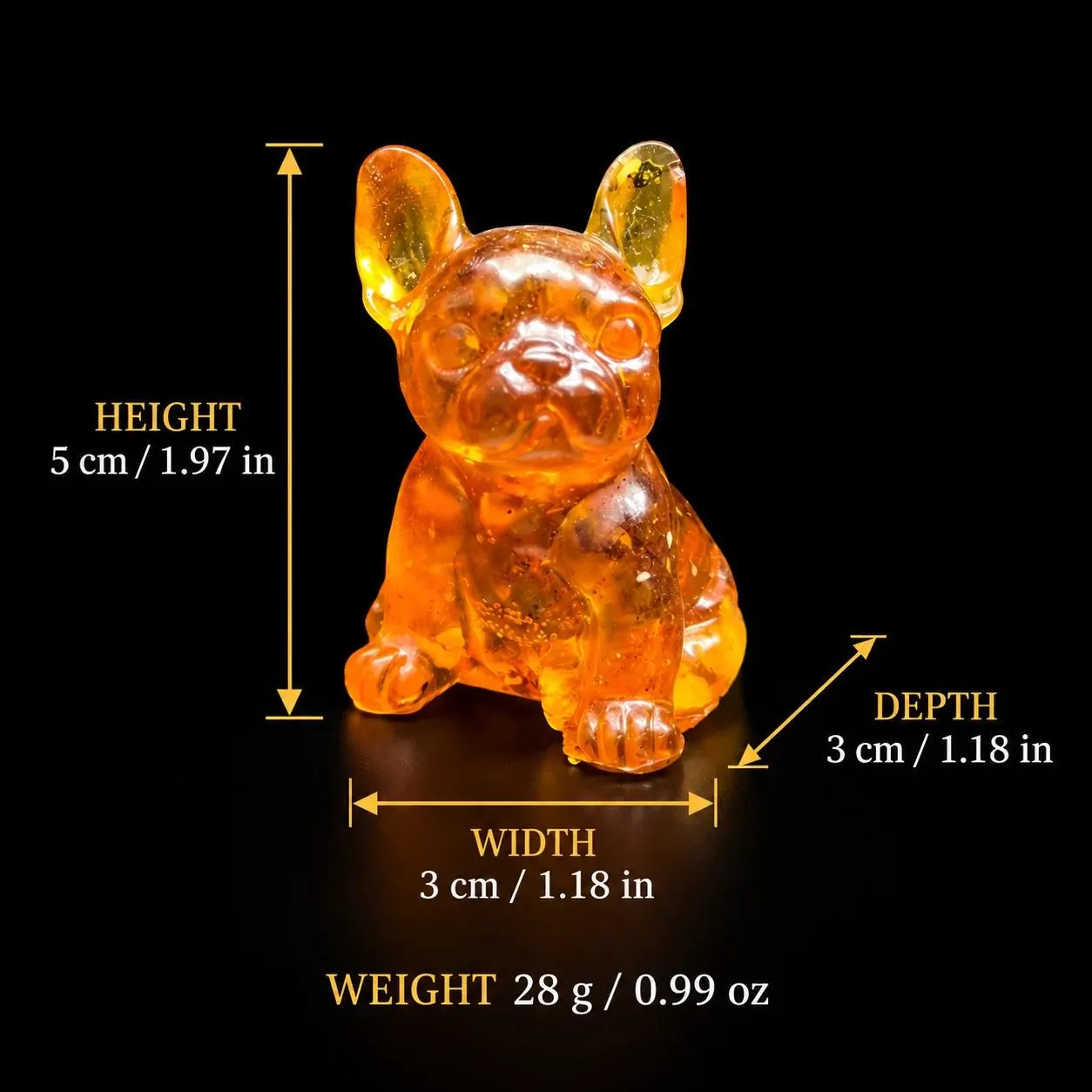 Dimensions of the amber French Bulldog figurine: height 5 cm (1.97 in), depth 3 cm (1.18 in), width 3 cm (1.18 in), weight 28 g (0.99 oz).