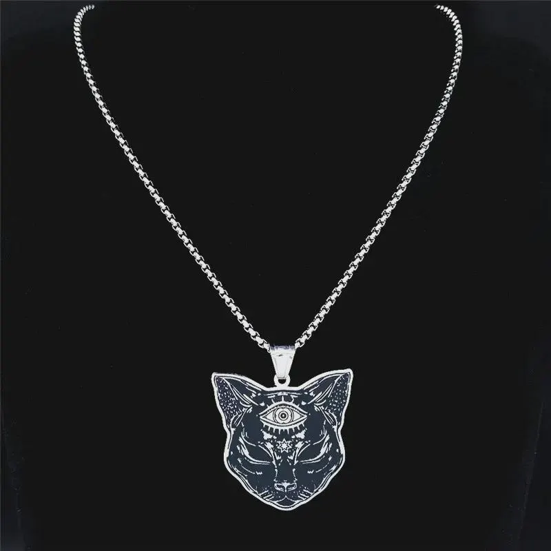 Witchcraft Eye Cat Necklace – Stainless Steel Occult Cat Pendant Chain for Men & Women
