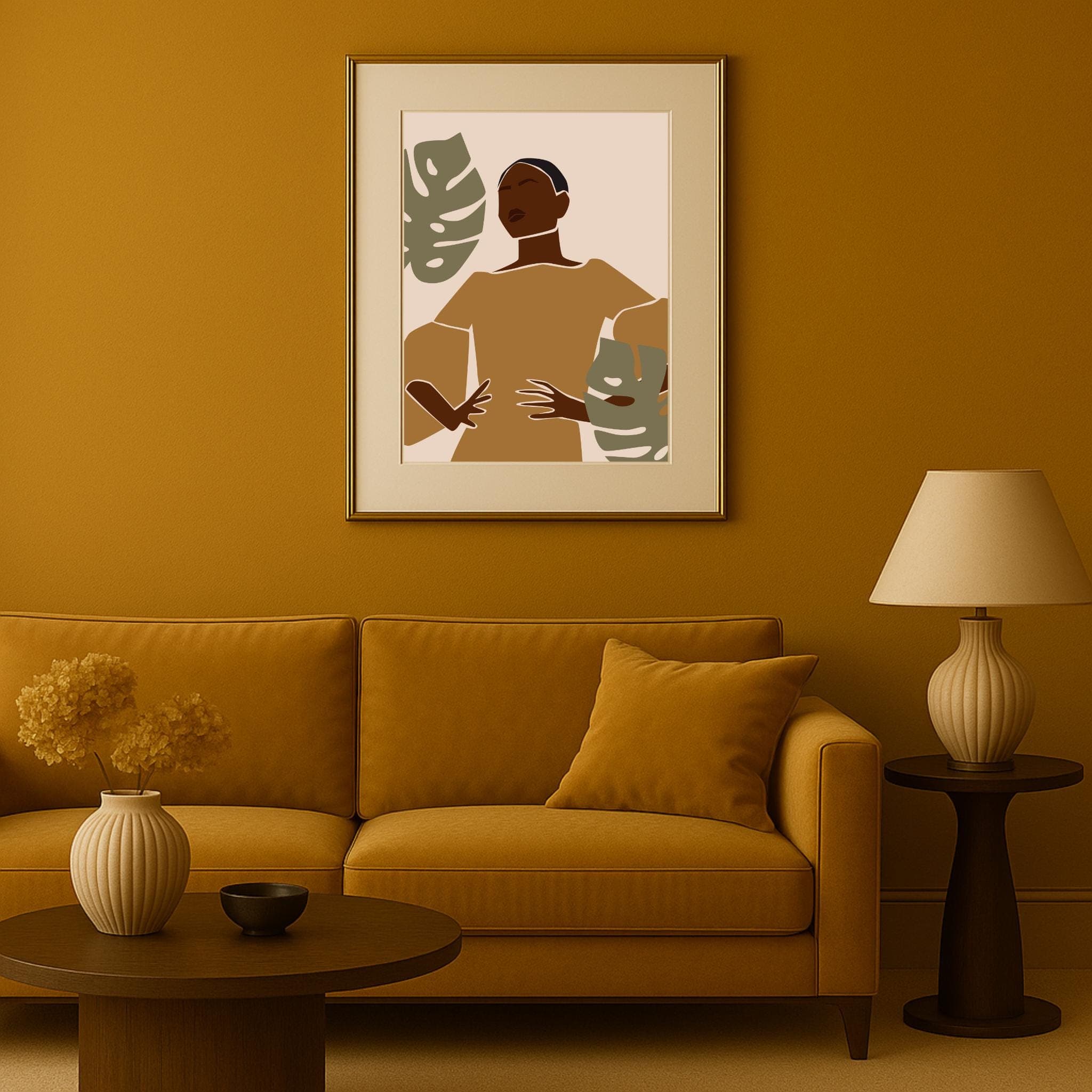 Autumn Wall Art Black Woman Print, Golden Tunic Illustration, Modern Fashion Poster, Minimalist Home Decor A3 A4 5x7 6x4 - image 5