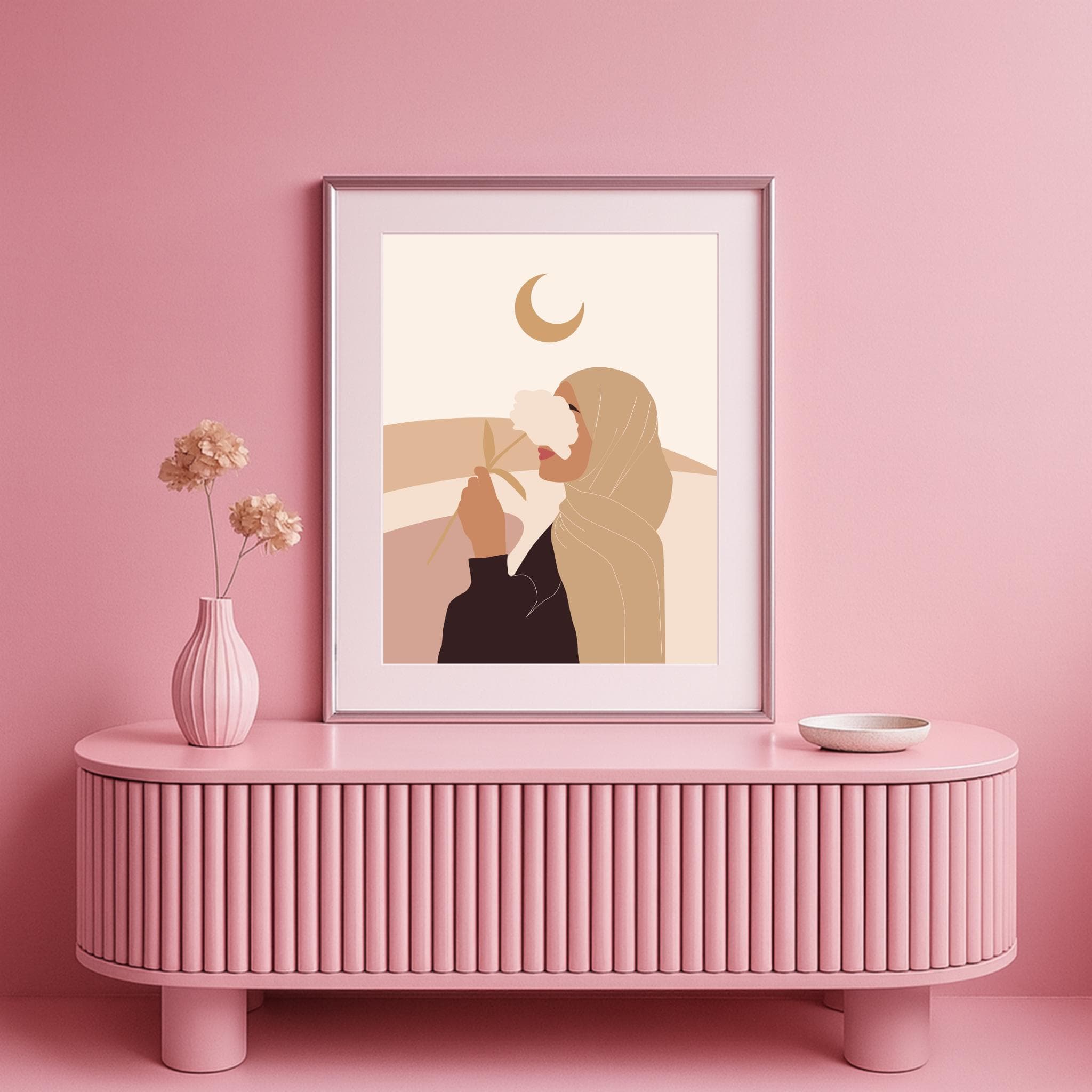 Hijab Wall Art Print – Boho Crescent Moon Muslim Illustration, Scandi Minimalist Decor A3 - image 5