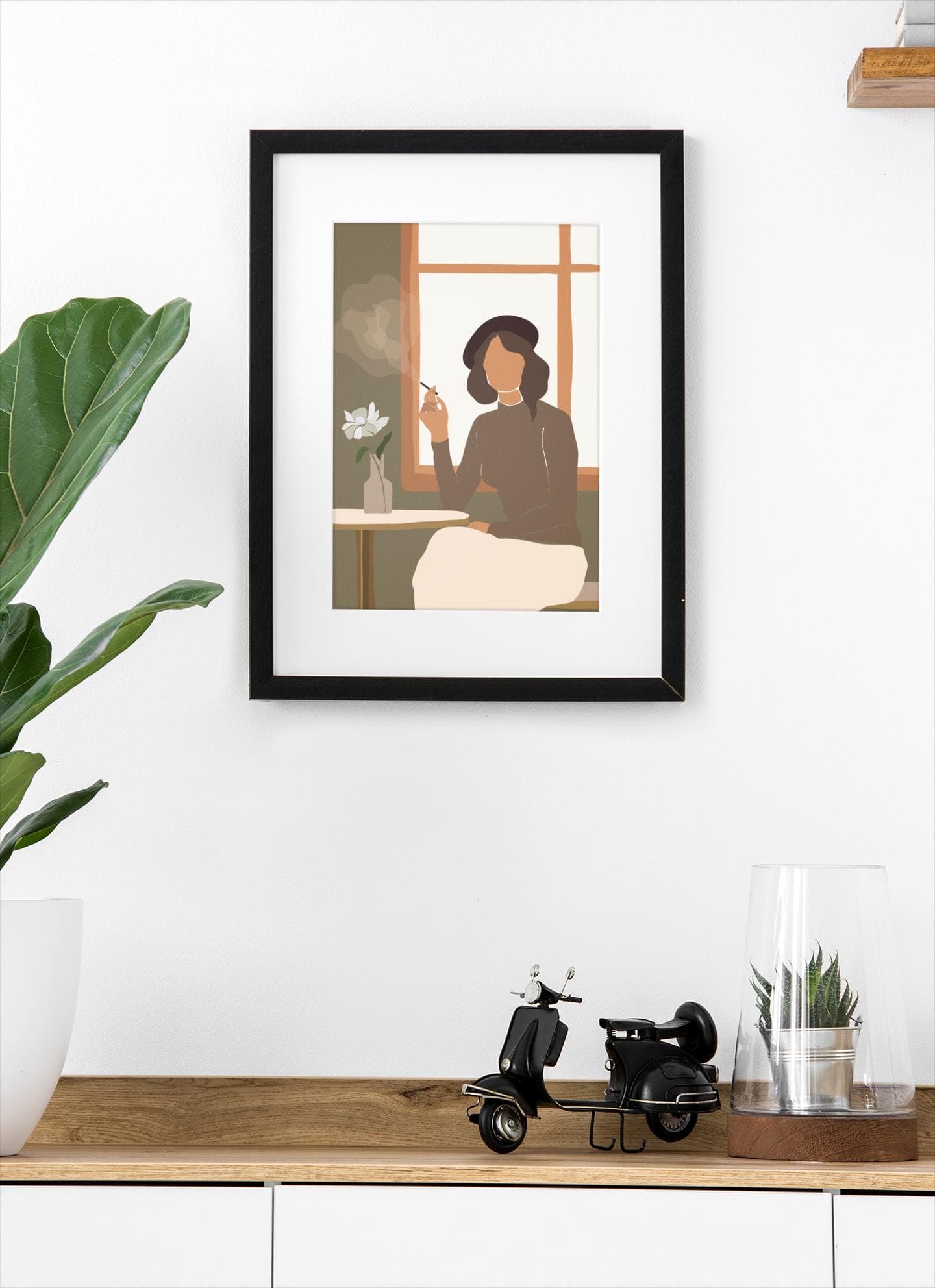 Parisian Cafe Woman Art Print – Minimalist Neutral Illustration, Modern Home & Bedroom Wall Decor